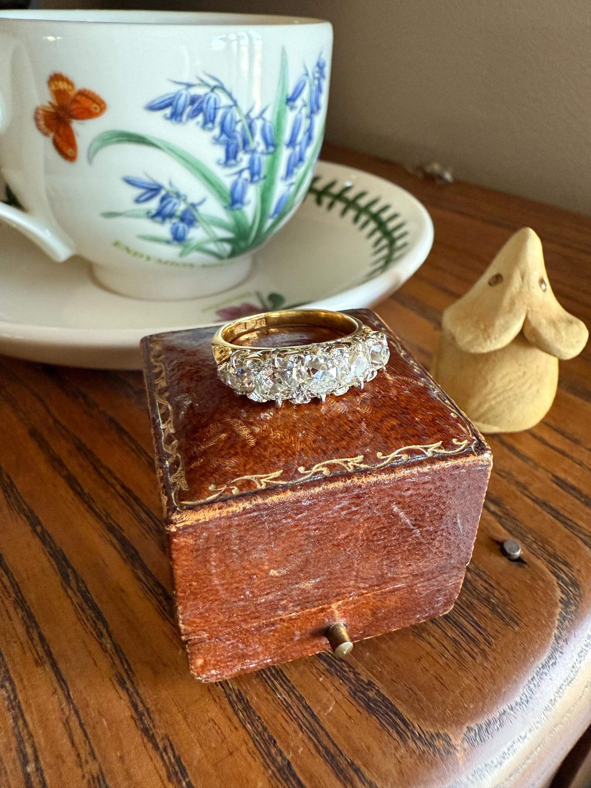 Victorian 2.75 Carats Antique Old Mine Cut Diamond Five Stone Ring Gemset Prong Spacers 18k Gold Rare Chunky Ornate Band