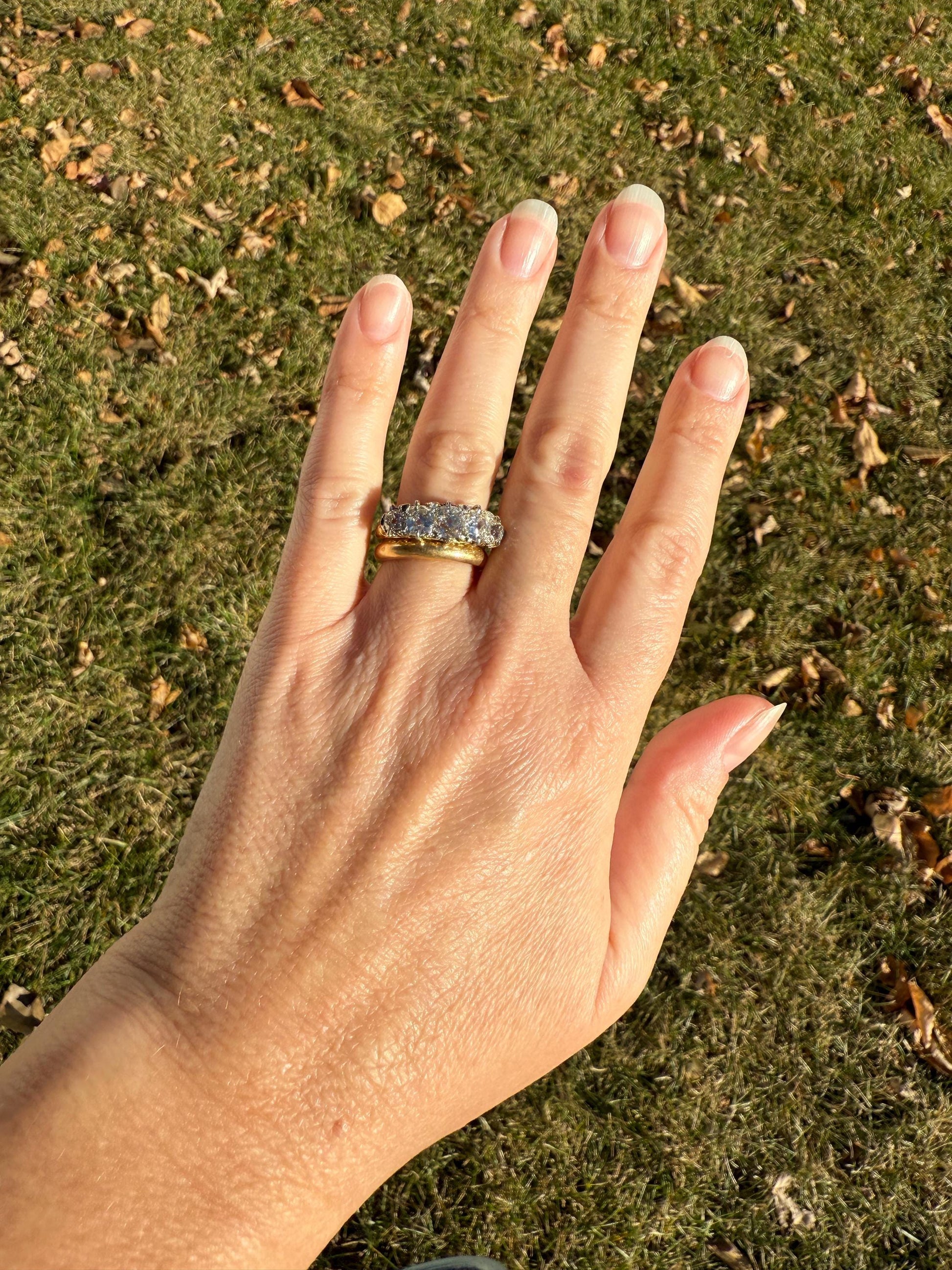 Victorian 2.75 Carats Antique Old Mine Cut Diamond Five Stone Ring Gemset Prong Spacers 18k Gold Rare Chunky Ornate Band