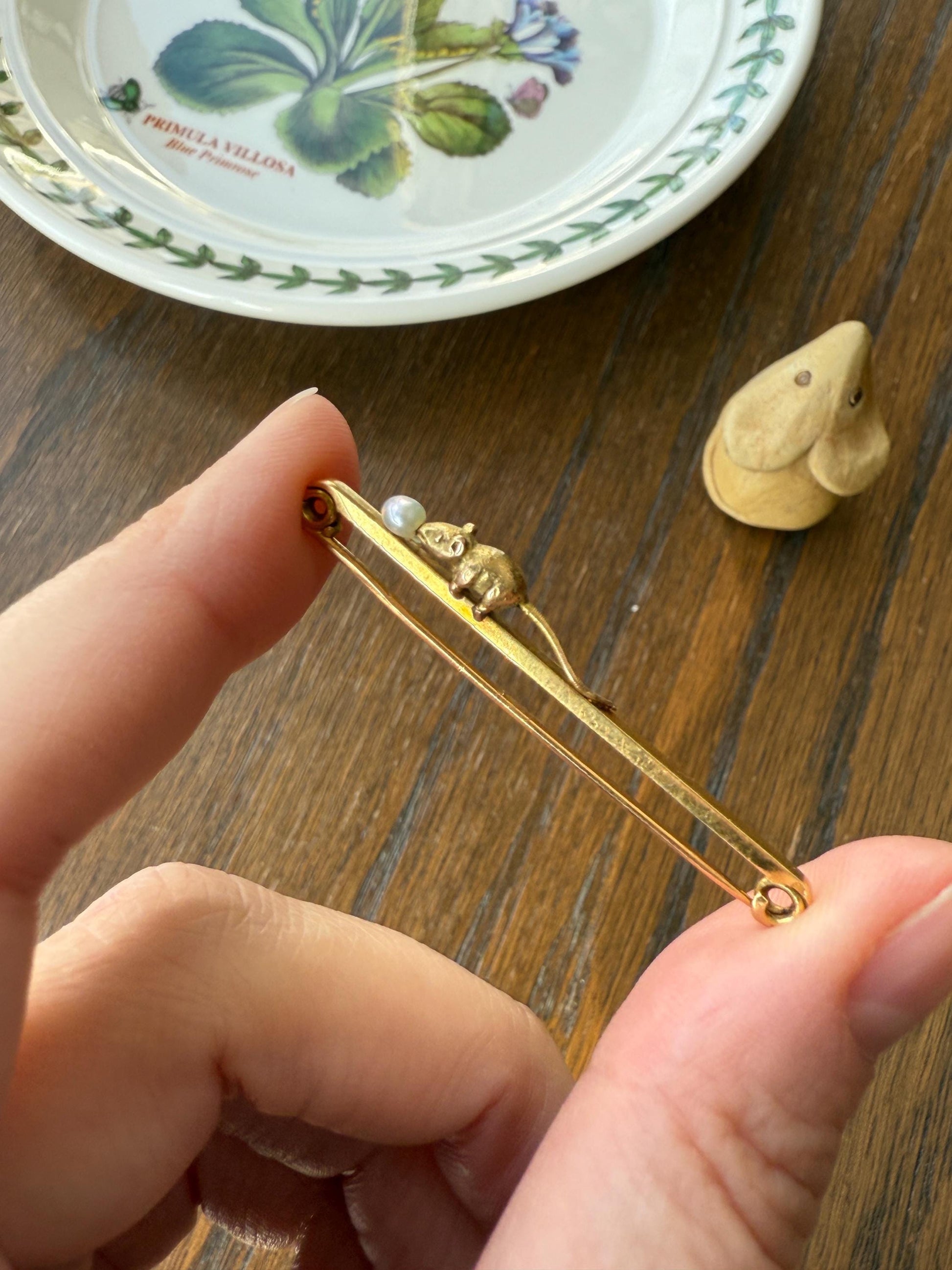 Twinning with MOUSE Victorian Figural Safety Pin Bar Brooch for Pendant Charm Holder French Antique 18k Gold Solid Extender Connector