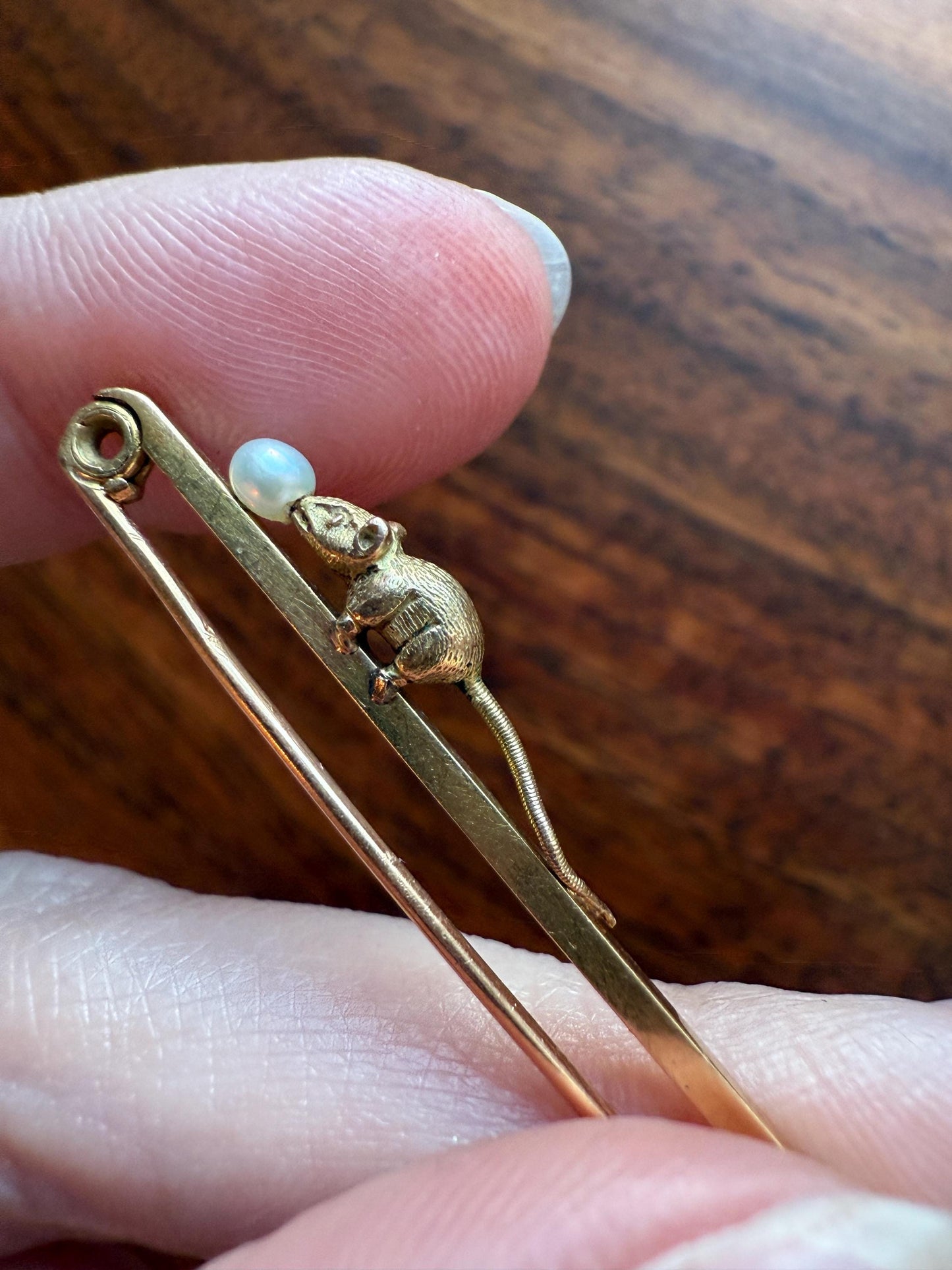 Twinning with MOUSE Victorian Figural Safety Pin Bar Brooch for Pendant Charm Holder French Antique 18k Gold Solid Extender Connector