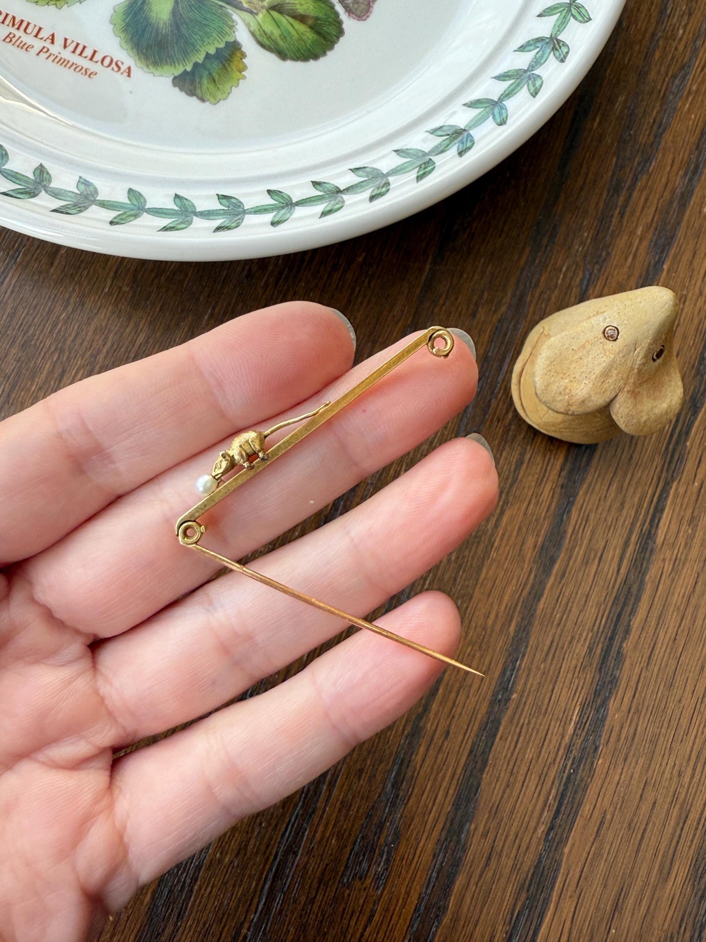 Twinning with MOUSE Victorian Figural Safety Pin Bar Brooch for Pendant Charm Holder French Antique 18k Gold Solid Extender Connector