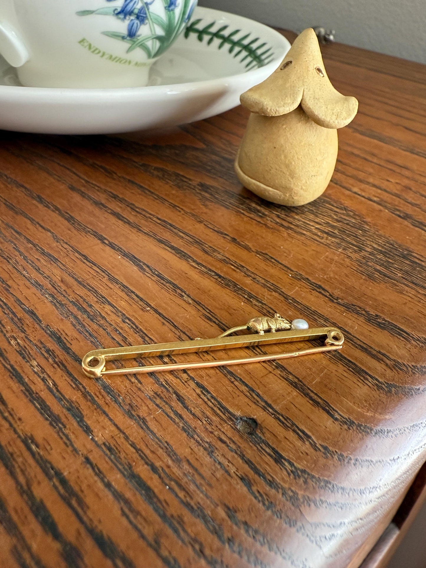 Twinning with MOUSE Victorian Figural Safety Pin Bar Brooch for Pendant Charm Holder French Antique 18k Gold Solid Extender Connector