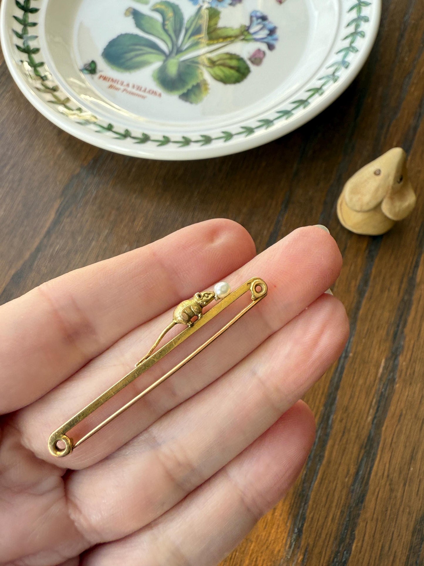 Twinning with MOUSE Victorian Figural Safety Pin Bar Brooch for Pendant Charm Holder French Antique 18k Gold Solid Extender Connector