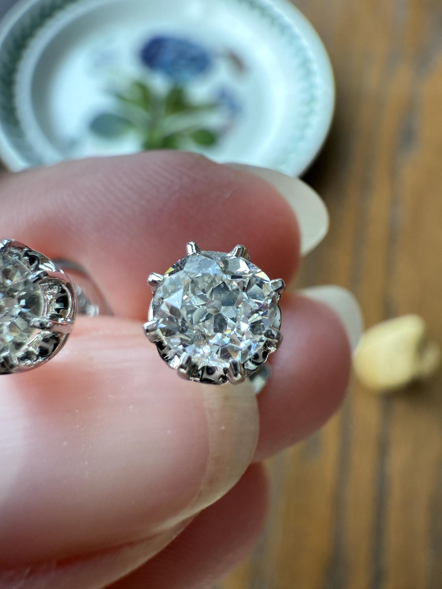 BOXED Eye Clean Antique 1.1 Carat Tdw Old Mine Cut Diamond Earrings 18k White Gold Platinum Studs French Stud in Box