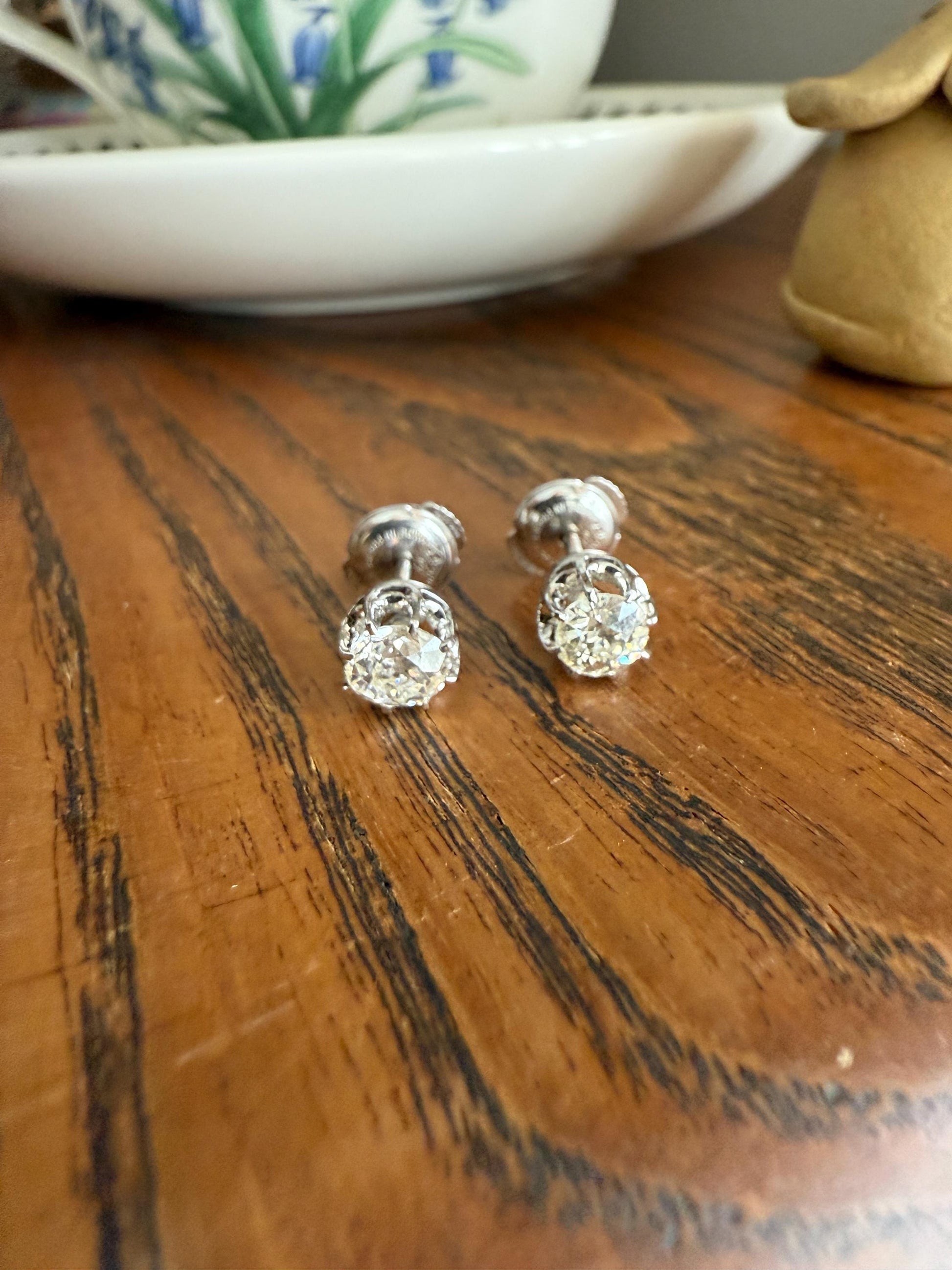 BOXED Eye Clean Antique 1.1 Carat Tdw Old Mine Cut Diamond Earrings 18k White Gold Platinum Studs French Stud in Box