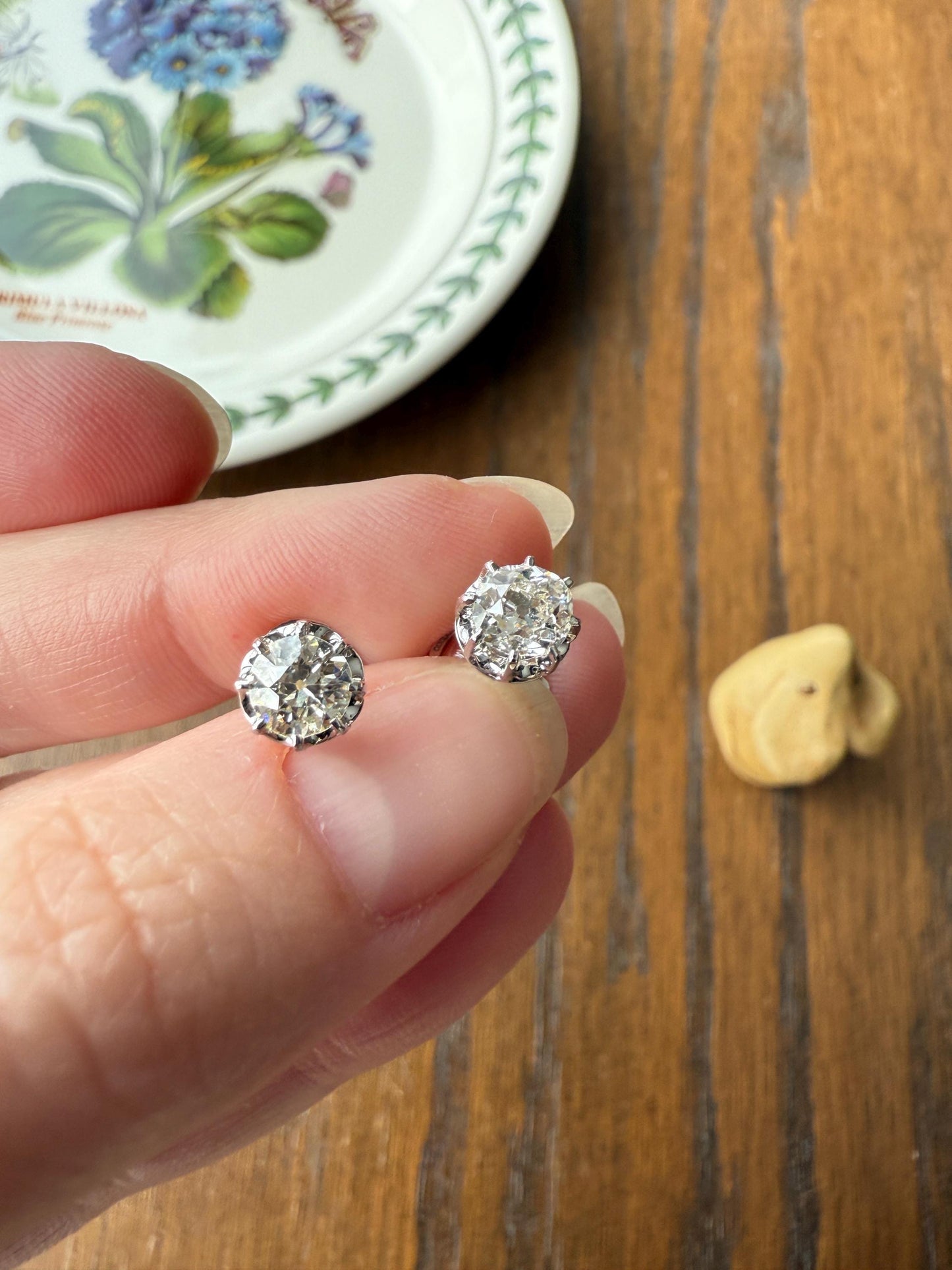 BOXED Eye Clean Antique 1.1 Carat Tdw Old Mine Cut Diamond Earrings 18k White Gold Platinum Studs French Stud in Box