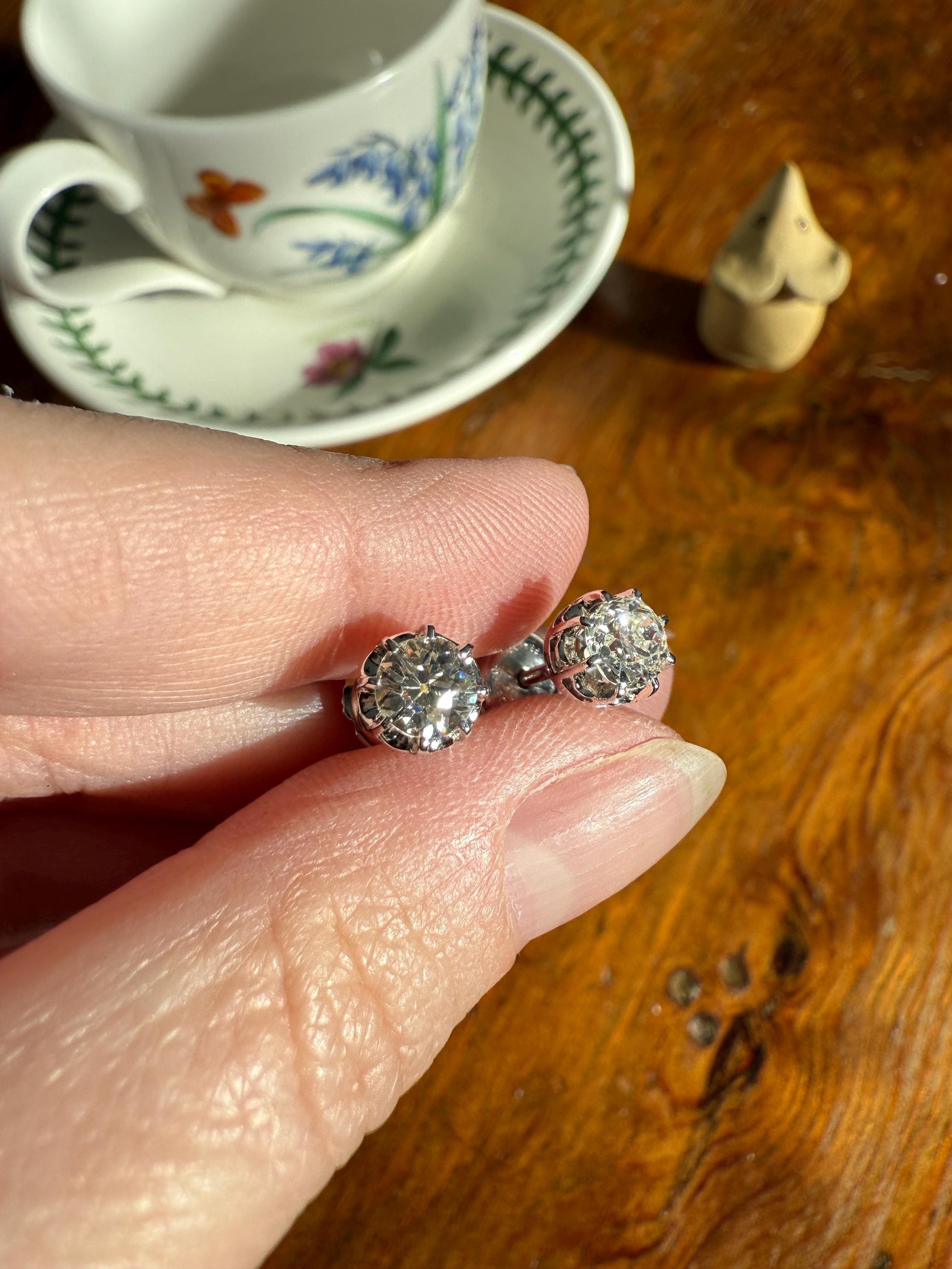 BOXED Eye Clean Antique 1.1 Carat Tdw Old Mine Cut Diamond Earrings 18k White Gold Platinum Studs French Stud in Box