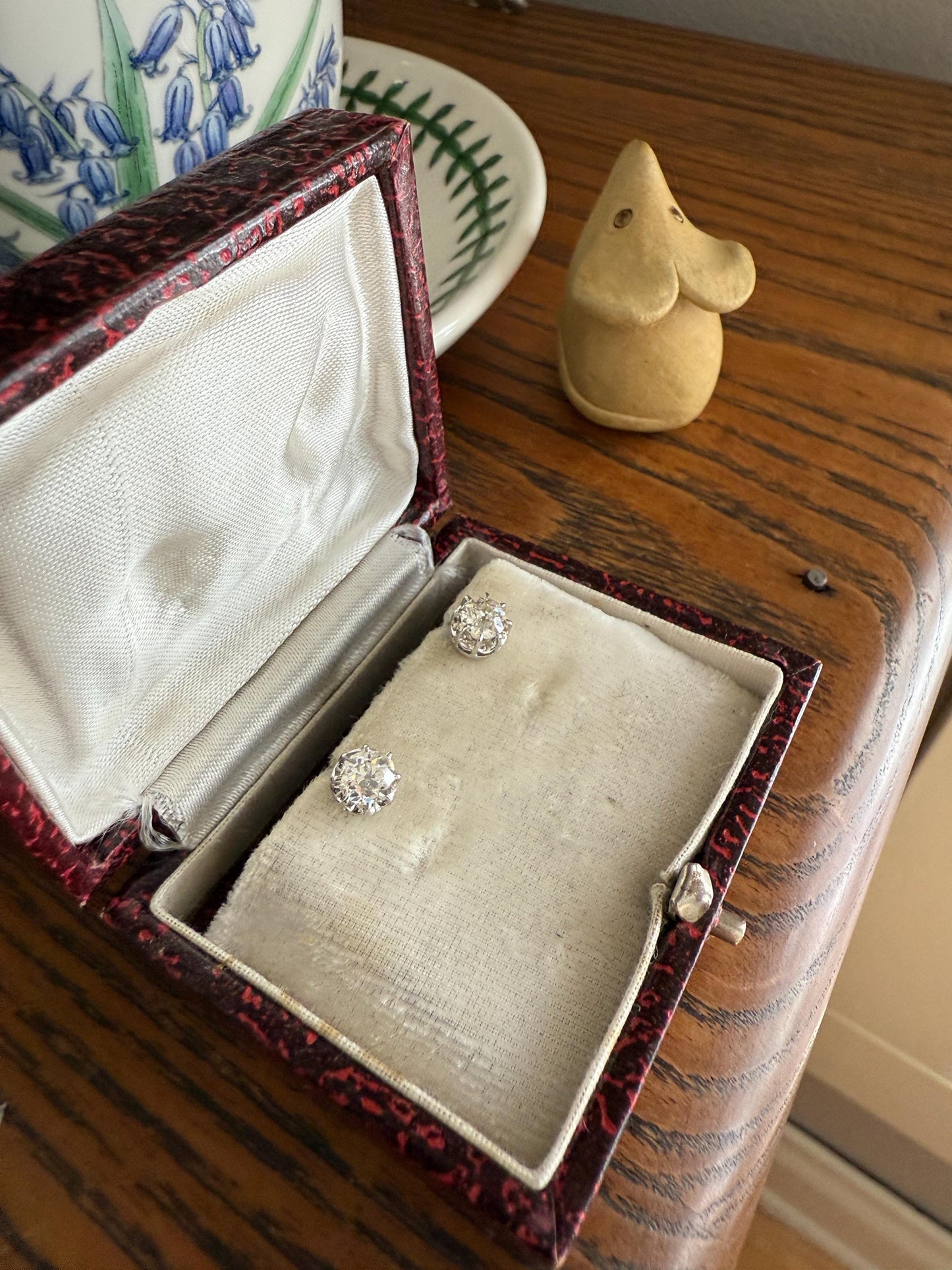 BOXED Eye Clean Antique 1.1 Carat Tdw Old Mine Cut Diamond Earrings 18k White Gold Platinum Studs French Stud in Box