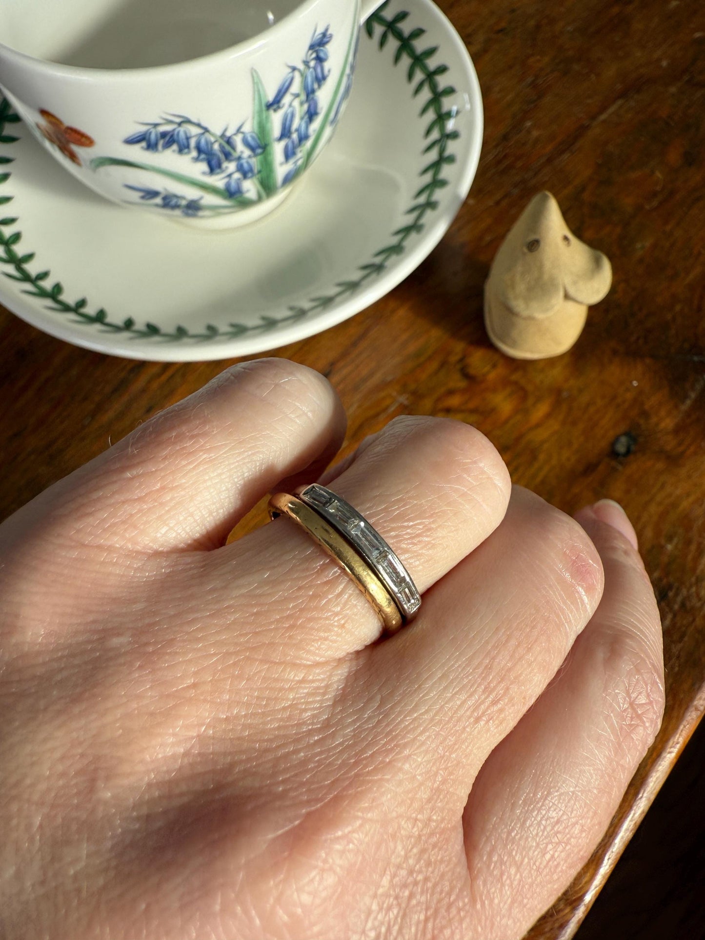 Vintage 18k White Gold Solid Eye Clean East West Five Stone Baguette Diamond Ring Skinny Stacker Band