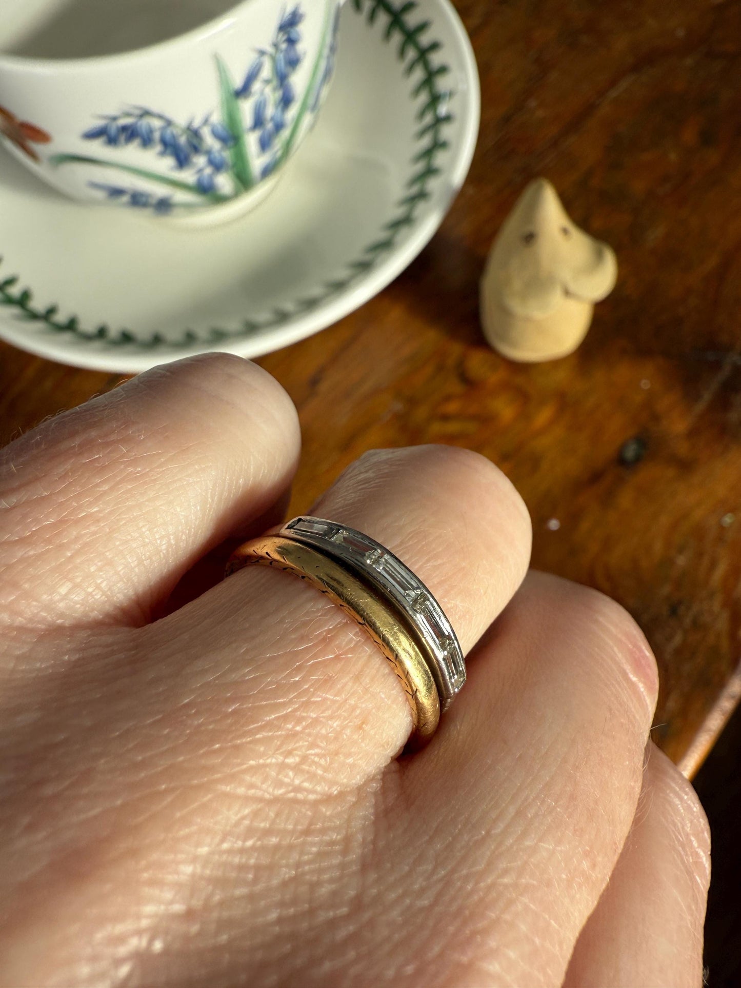Vintage 18k White Gold Solid Eye Clean East West Five Stone Baguette Diamond Ring Skinny Stacker Band