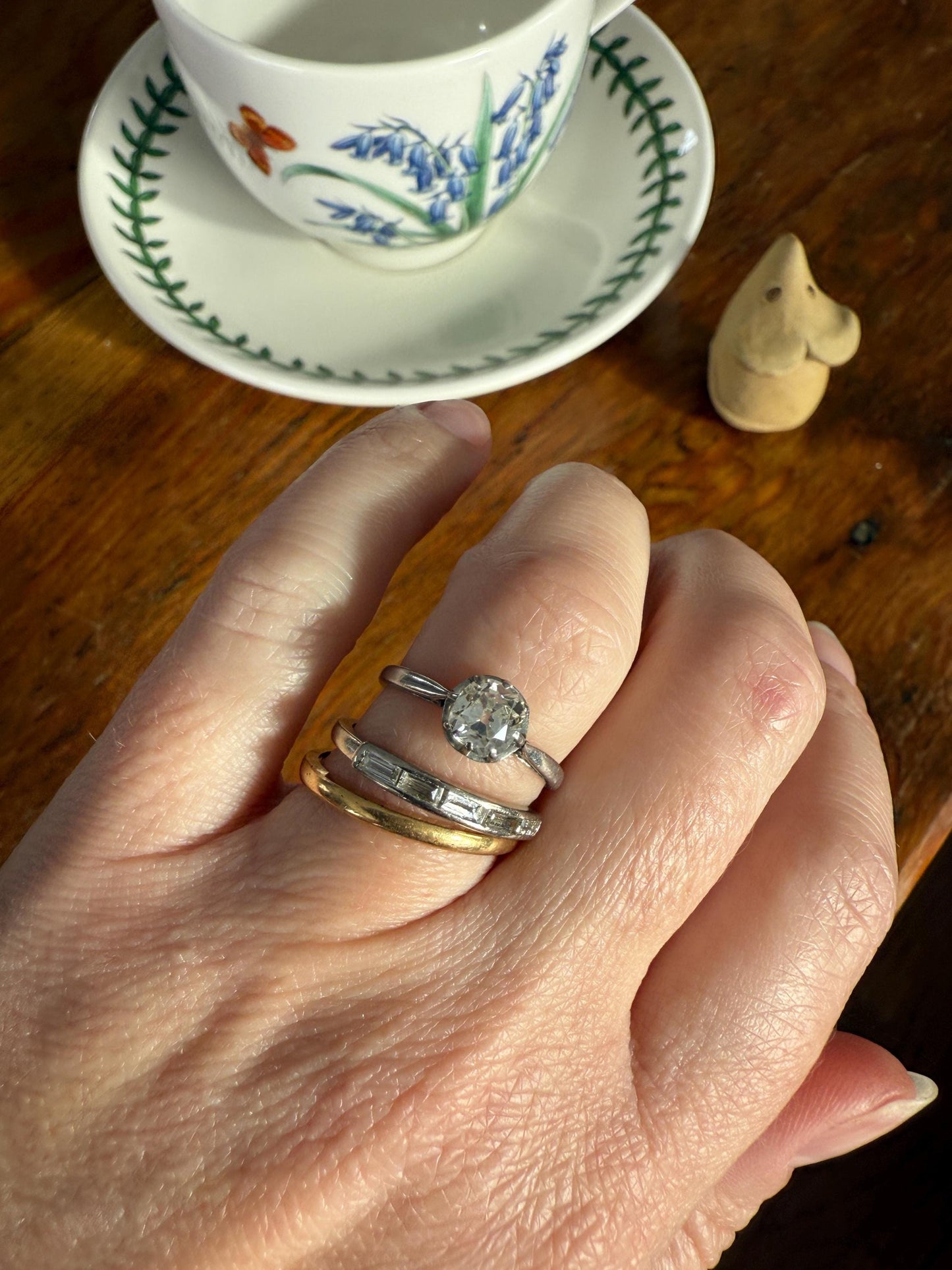 Vintage 18k White Gold Solid Eye Clean East West Five Stone Baguette Diamond Ring Skinny Stacker Band
