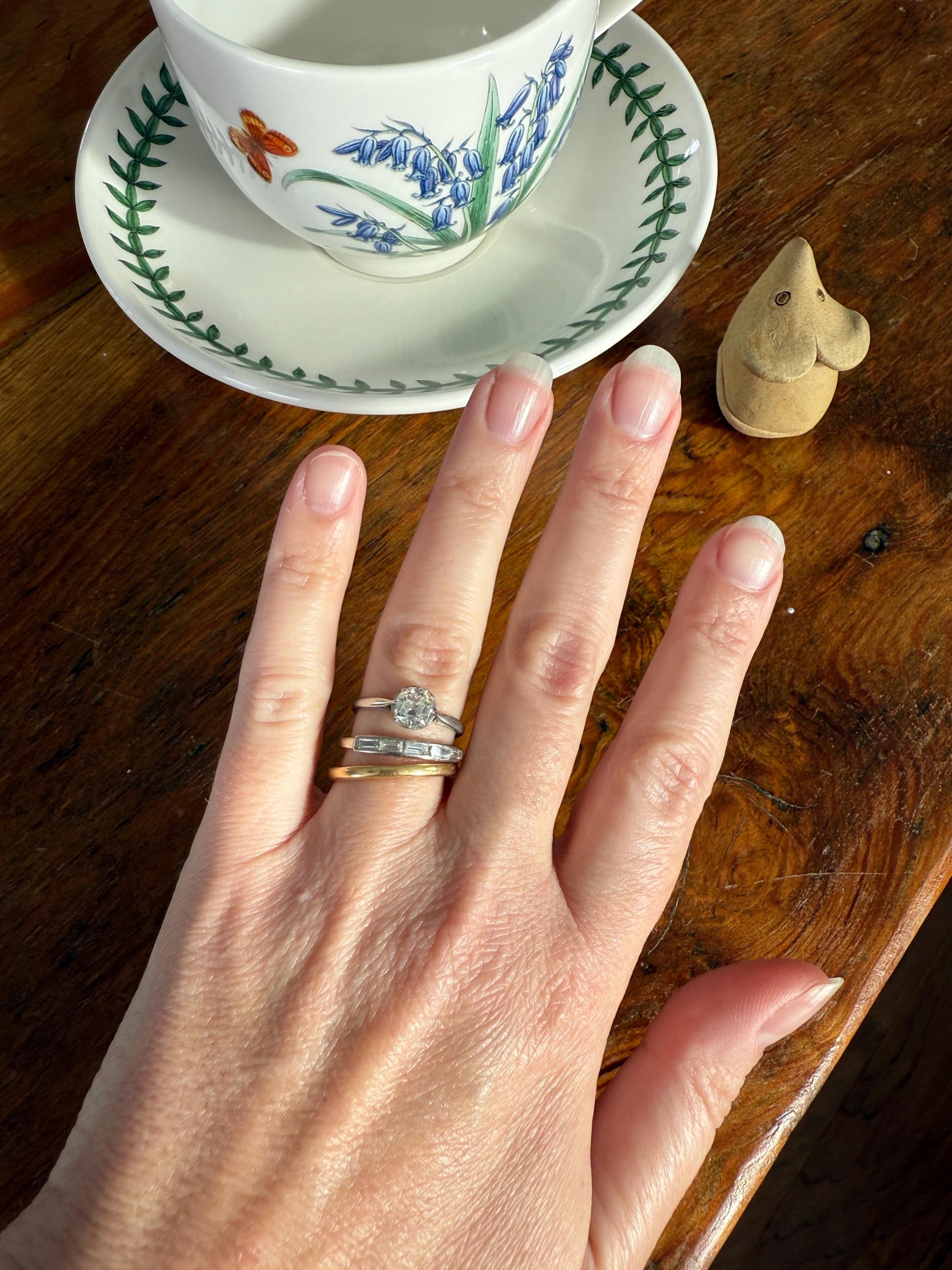 Vintage 18k White Gold Solid Eye Clean East West Five Stone Baguette Diamond Ring Skinny Stacker Band