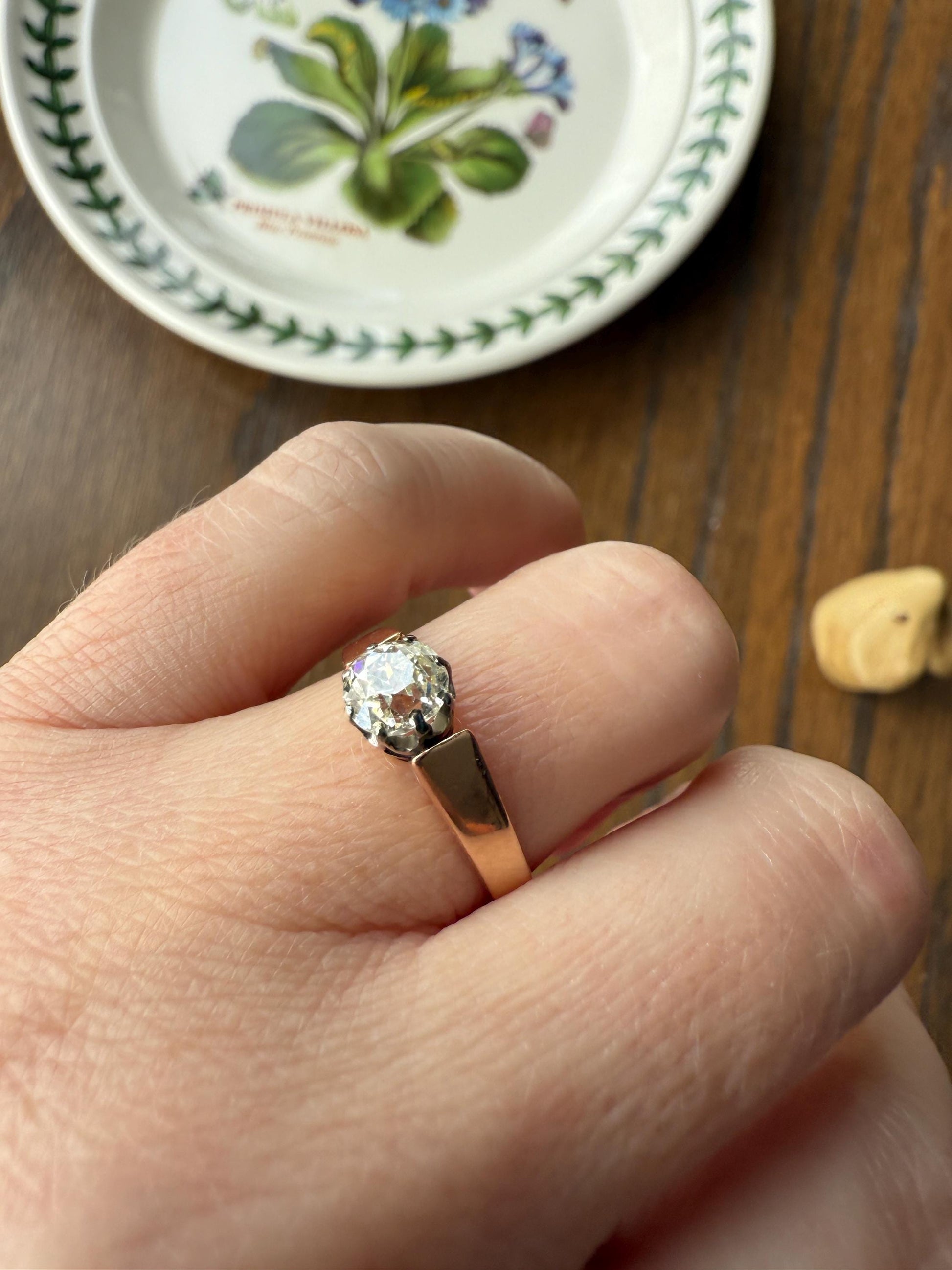 Classic Antique .87 Carat Eye Clean Old Mine Cut Diamond 18k Rosy Gold French Victorian Engagement Ring Solitaire Band Stacker