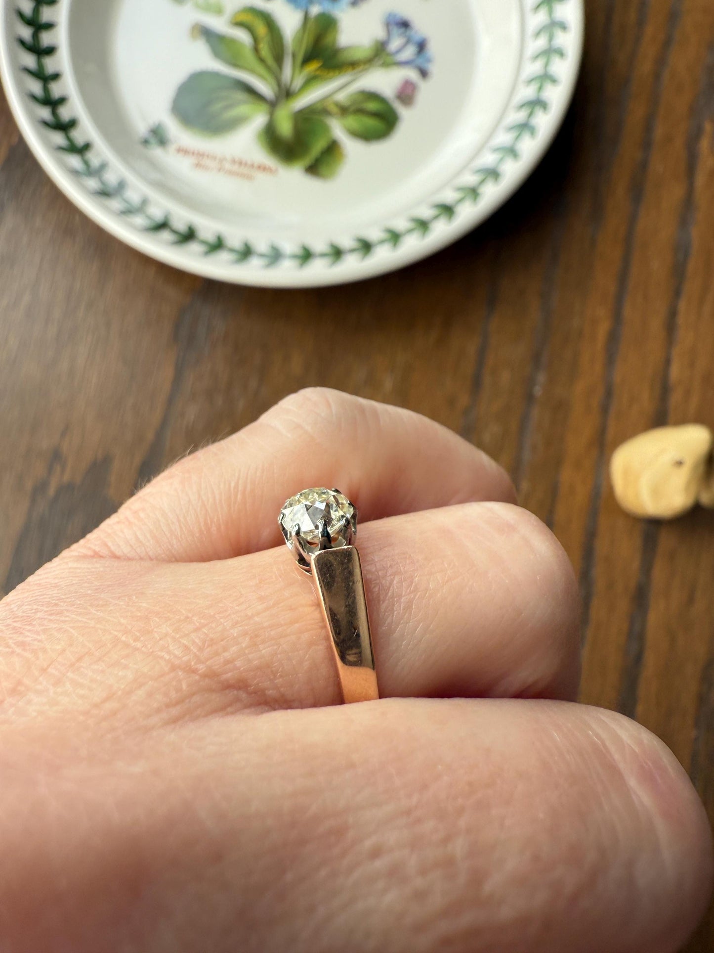 Classic Antique .87 Carat Eye Clean Old Mine Cut Diamond 18k Rosy Gold French Victorian Engagement Ring Solitaire Band Stacker