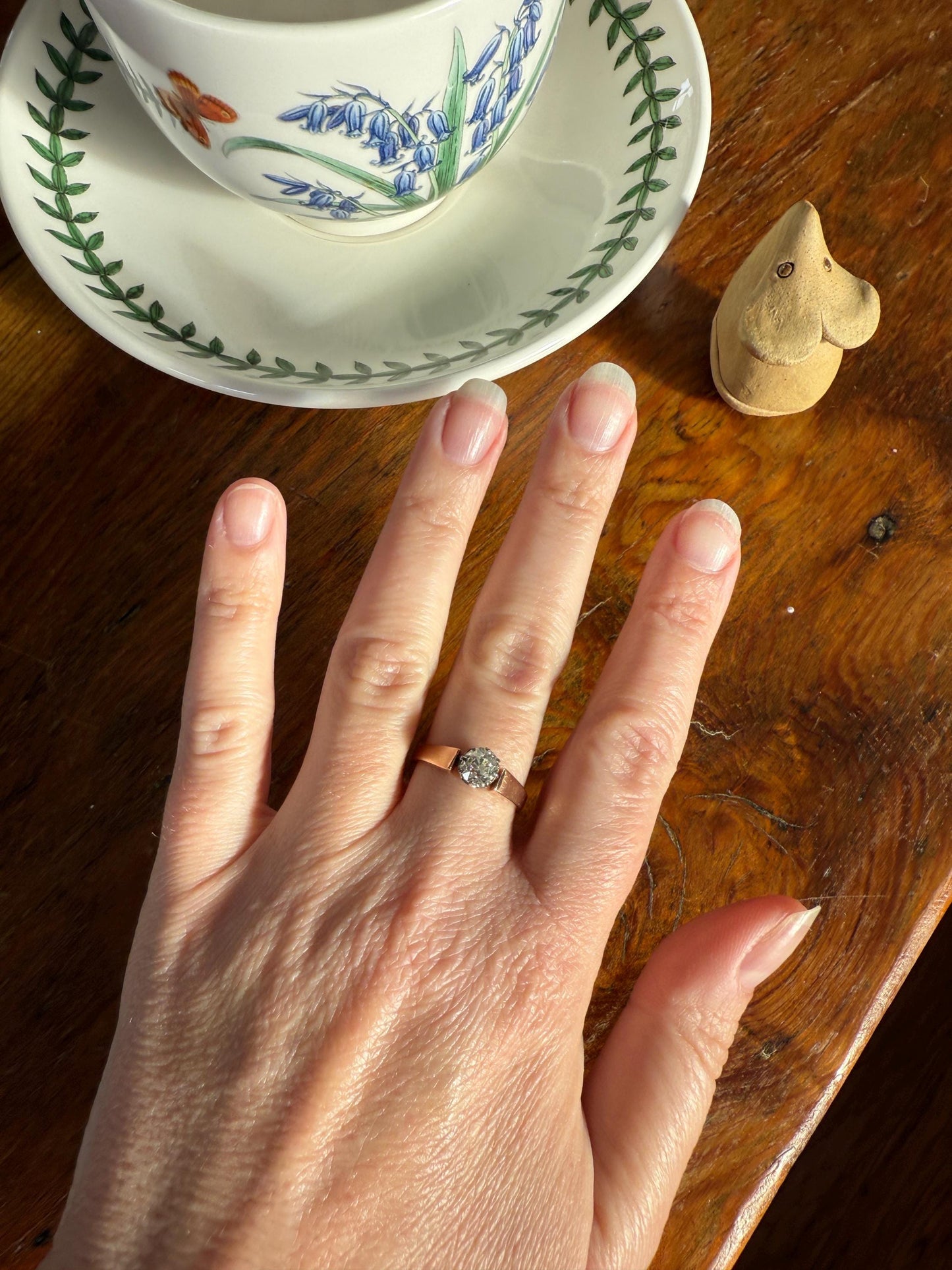 Classic Antique .87 Carat Eye Clean Old Mine Cut Diamond 18k Rosy Gold French Victorian Engagement Ring Solitaire Band Stacker