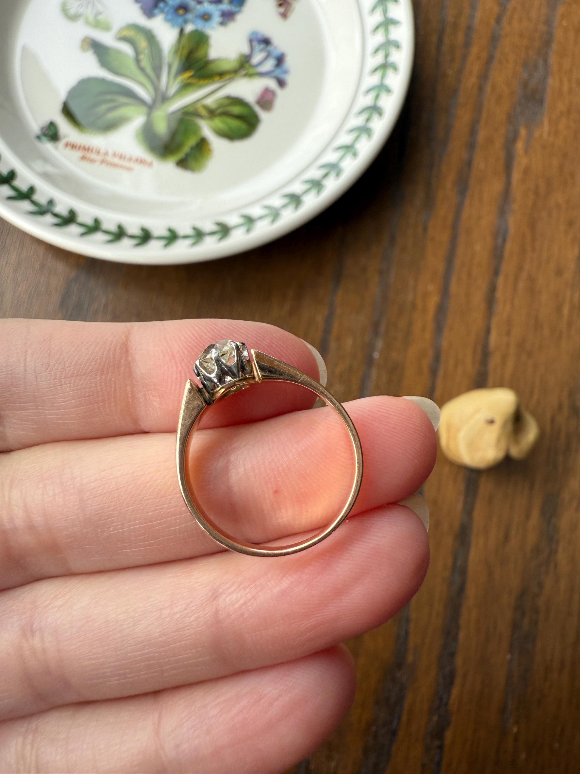 Classic Antique .87 Carat Eye Clean Old Mine Cut Diamond 18k Rosy Gold French Victorian Engagement Ring Solitaire Band Stacker