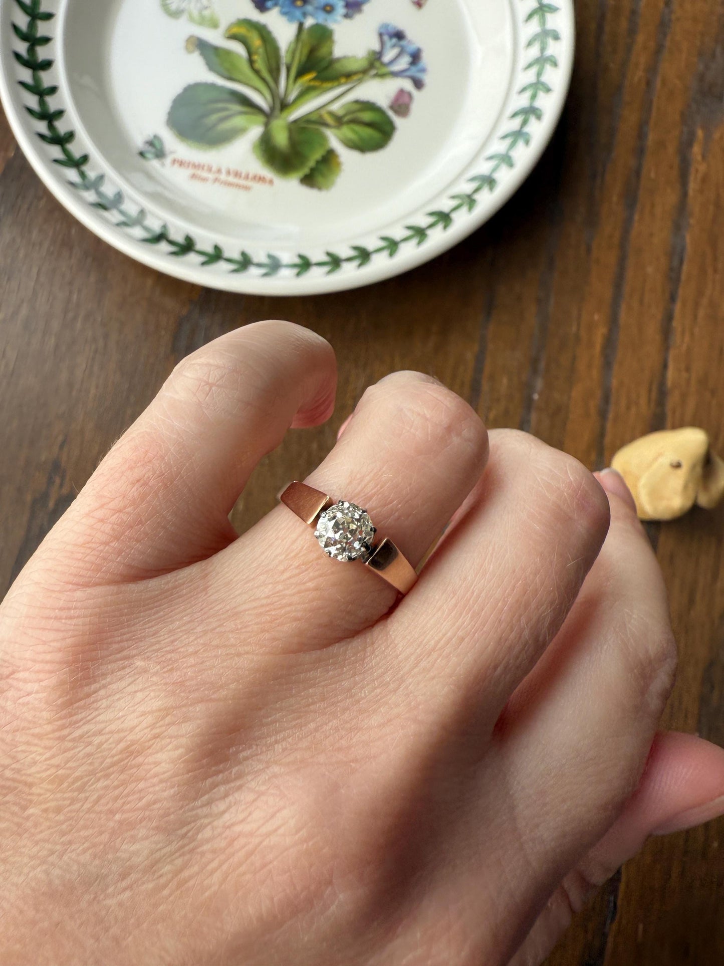 Classic Antique .87 Carat Eye Clean Old Mine Cut Diamond 18k Rosy Gold French Victorian Engagement Ring Solitaire Band Stacker