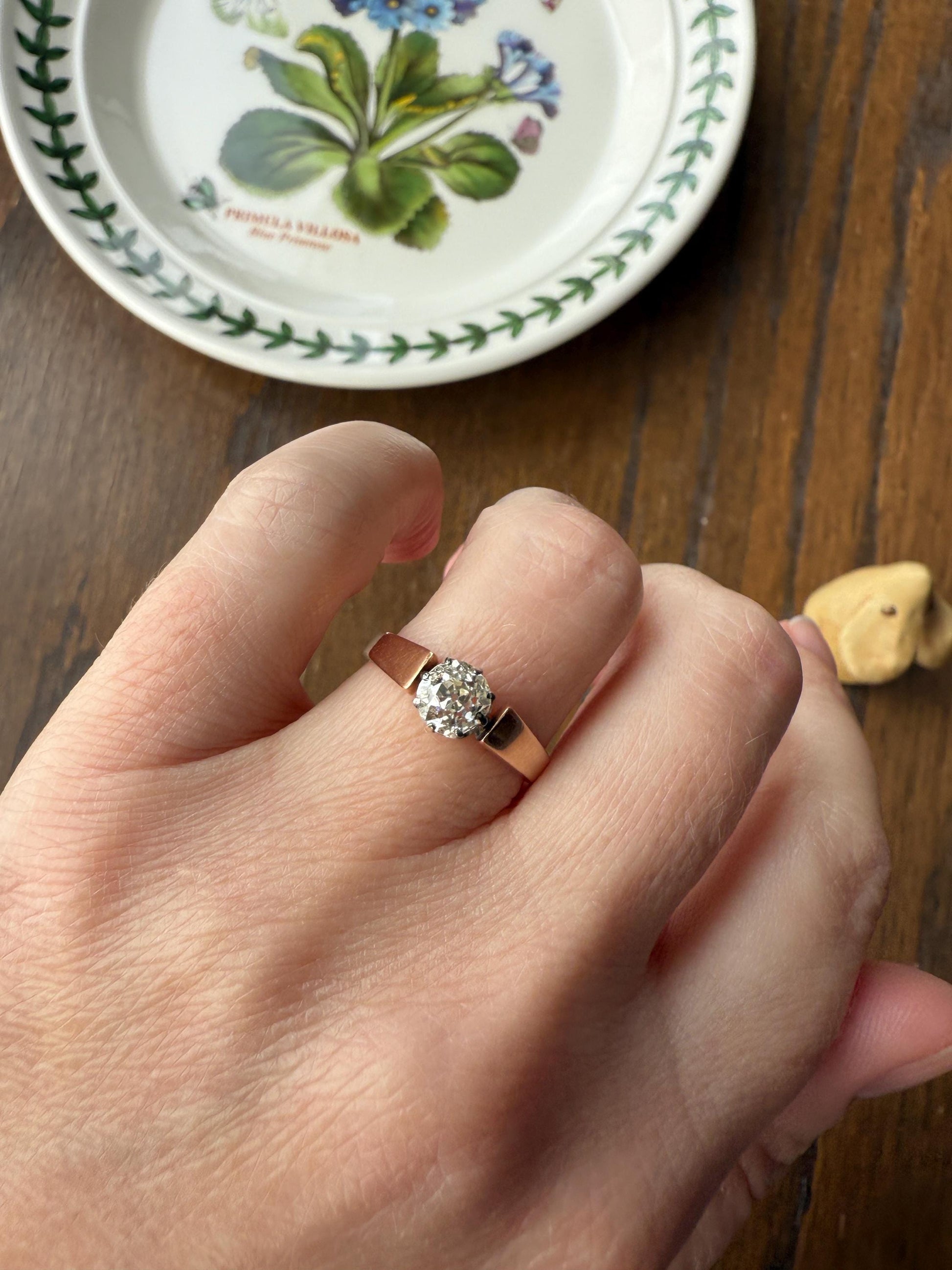 Classic Antique .87 Carat Eye Clean Old Mine Cut Diamond 18k Rosy Gold French Victorian Engagement Ring Solitaire Band Stacker