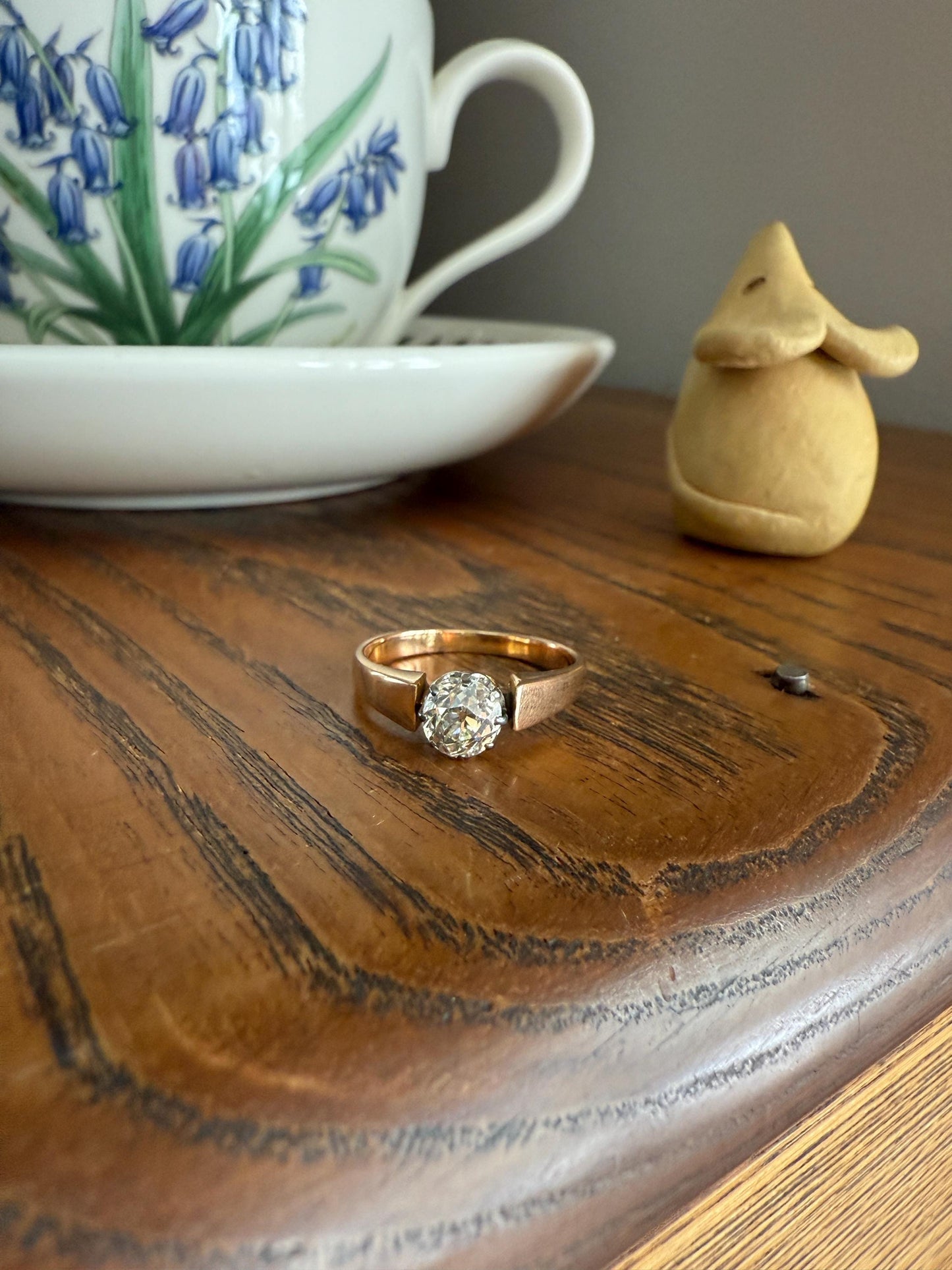 Classic Antique .87 Carat Eye Clean Old Mine Cut Diamond 18k Rosy Gold French Victorian Engagement Ring Solitaire Band Stacker