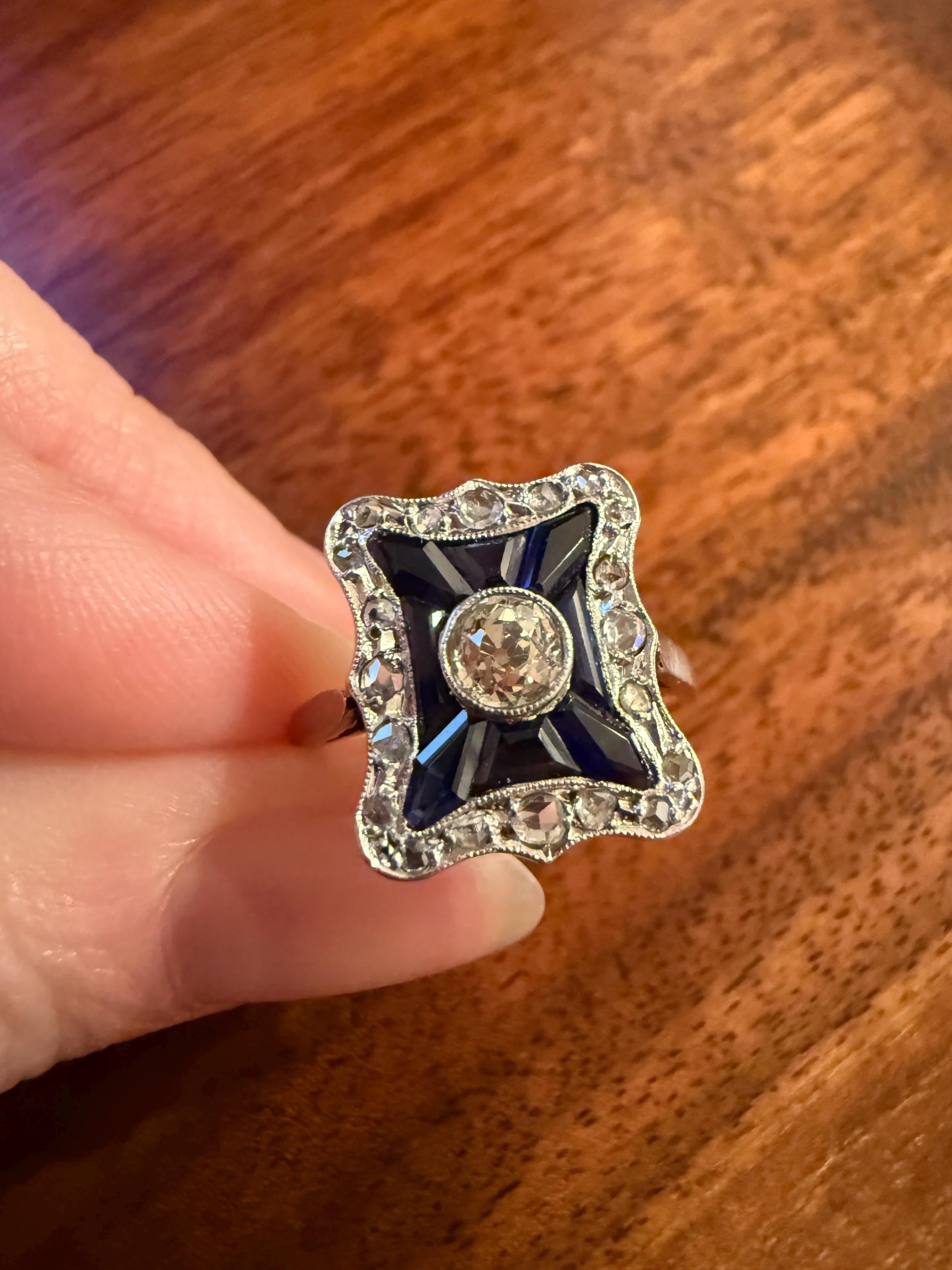SHIELD Natural Sapphire Eye Clean Old Mine Cut Diamond Rose Cut Halo Antique Ring French 18k Gold Ornate Blue Lozenge Kite Trapezoid Cut