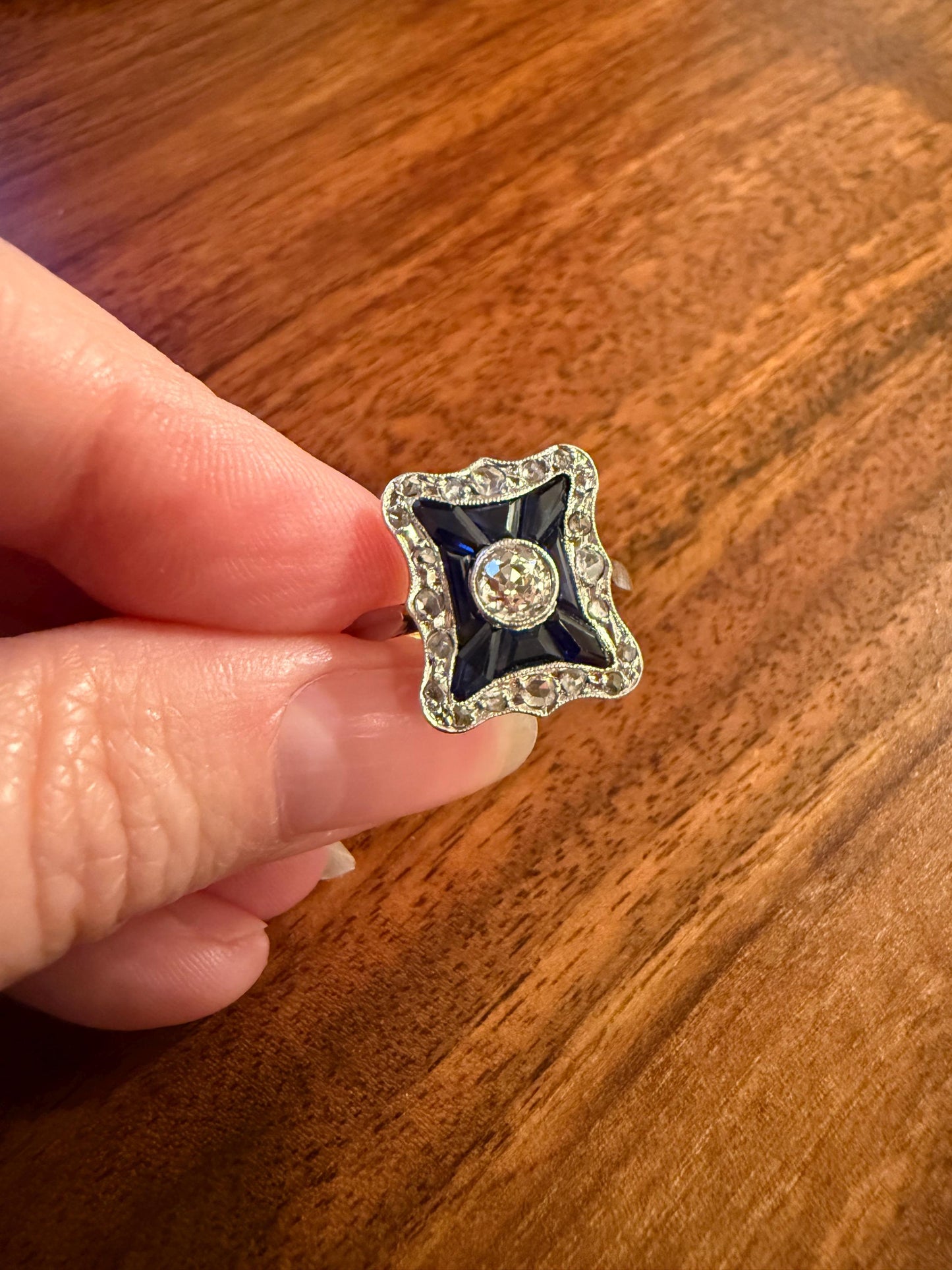 SHIELD Natural Sapphire Eye Clean Old Mine Cut Diamond Rose Cut Halo Antique Ring French 18k Gold Ornate Blue Lozenge Kite Trapezoid Cut