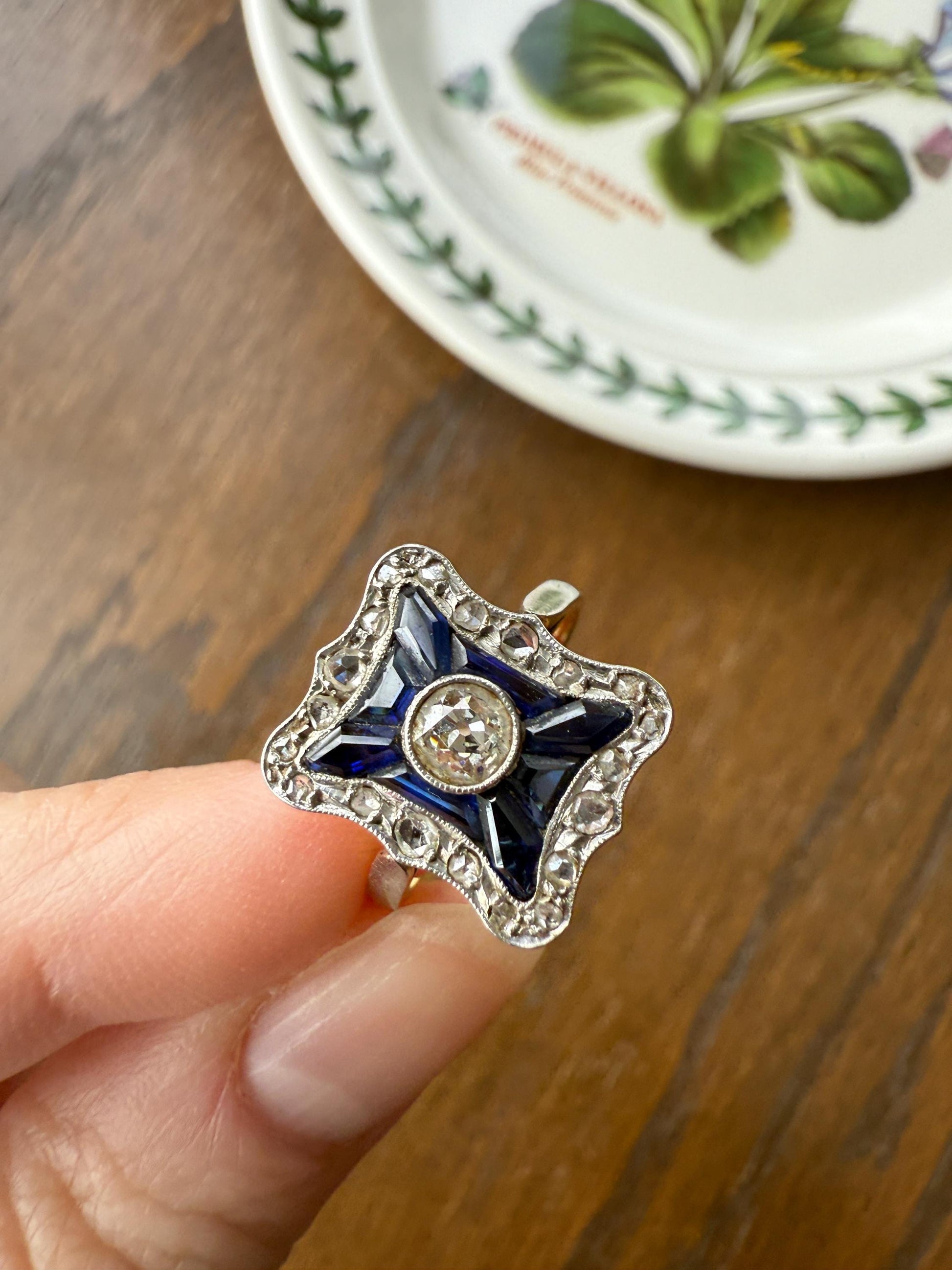 SHIELD Natural Sapphire Eye Clean Old Mine Cut Diamond Rose Cut Halo Antique Ring French 18k Gold Ornate Blue Lozenge Kite Trapezoid Cut