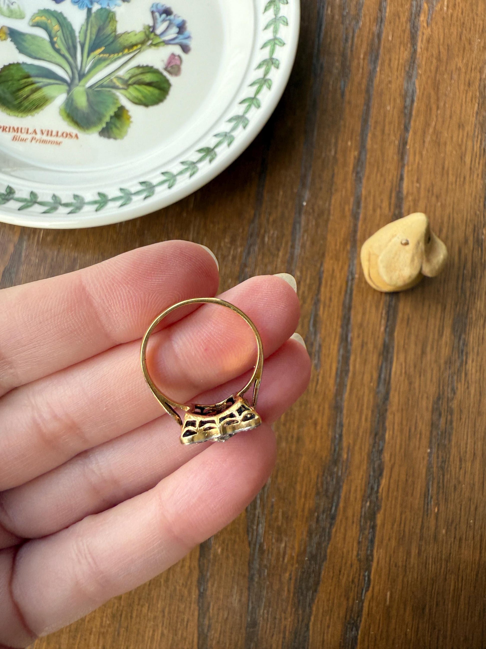 SHIELD Natural Sapphire Eye Clean Old Mine Cut Diamond Rose Cut Halo Antique Ring French 18k Gold Ornate Blue Lozenge Kite Trapezoid Cut