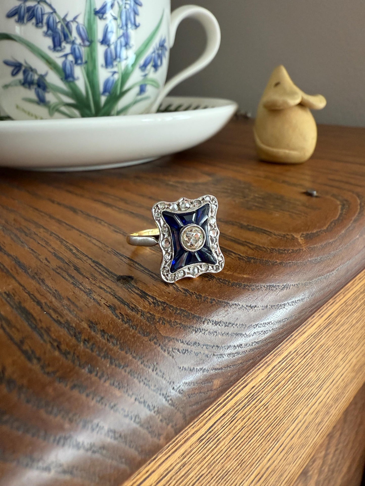 SHIELD Natural Sapphire Eye Clean Old Mine Cut Diamond Rose Cut Halo Antique Ring French 18k Gold Ornate Blue Lozenge Kite Trapezoid Cut