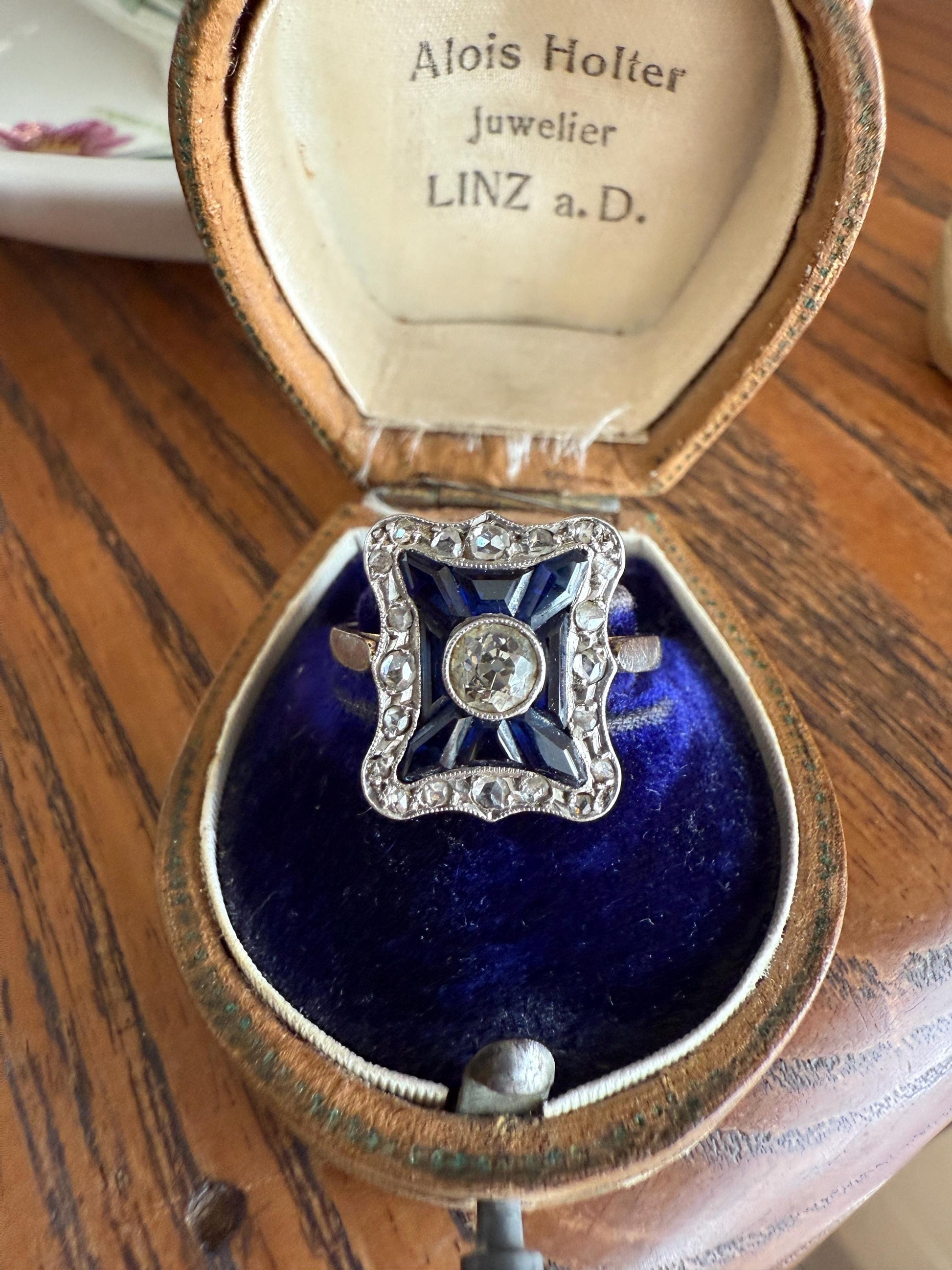 SHIELD Natural Sapphire Eye Clean Old Mine Cut Diamond Rose Cut Halo Antique Ring French 18k Gold Ornate Blue Lozenge Kite Trapezoid Cut