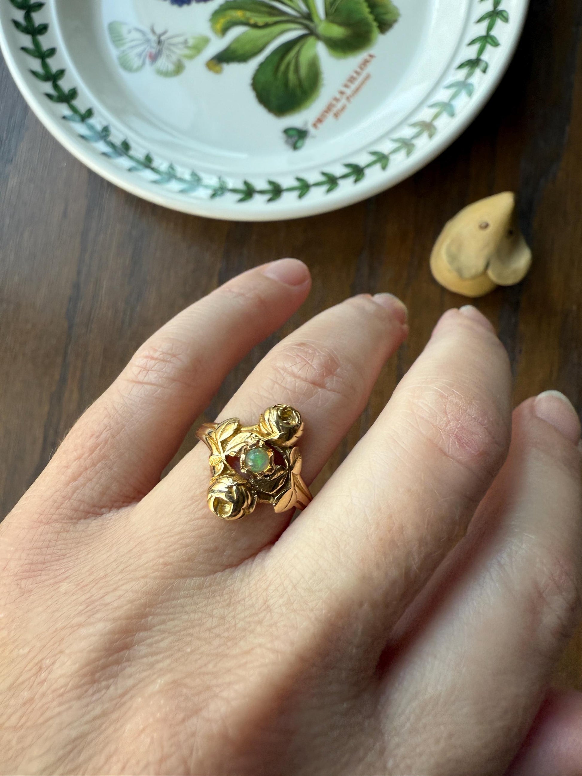 French Antique Figural ROSE Leaf Bud Opal 18k Gold Ring Floral Art Nouveau Belle Epoque Romantic Gift Flower Sweet Stacker