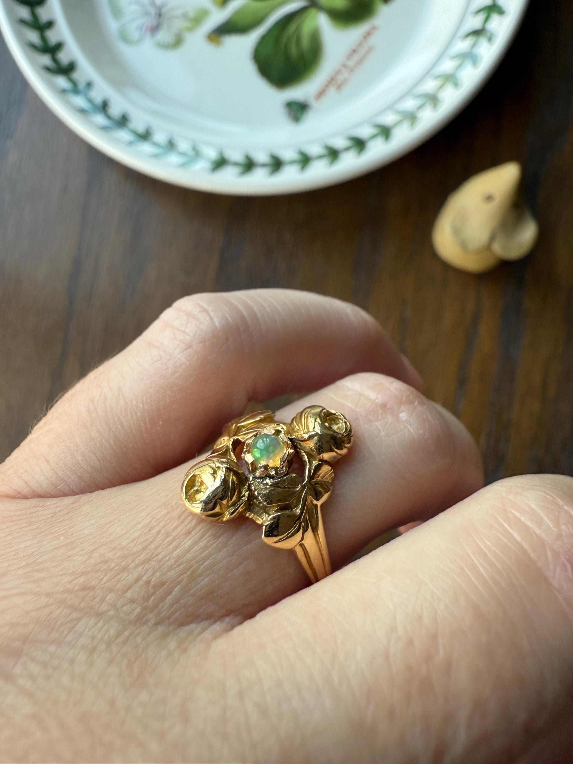 French Antique Figural ROSE Leaf Bud Opal 18k Gold Ring Floral Art Nouveau Belle Epoque Romantic Gift Flower Sweet Stacker