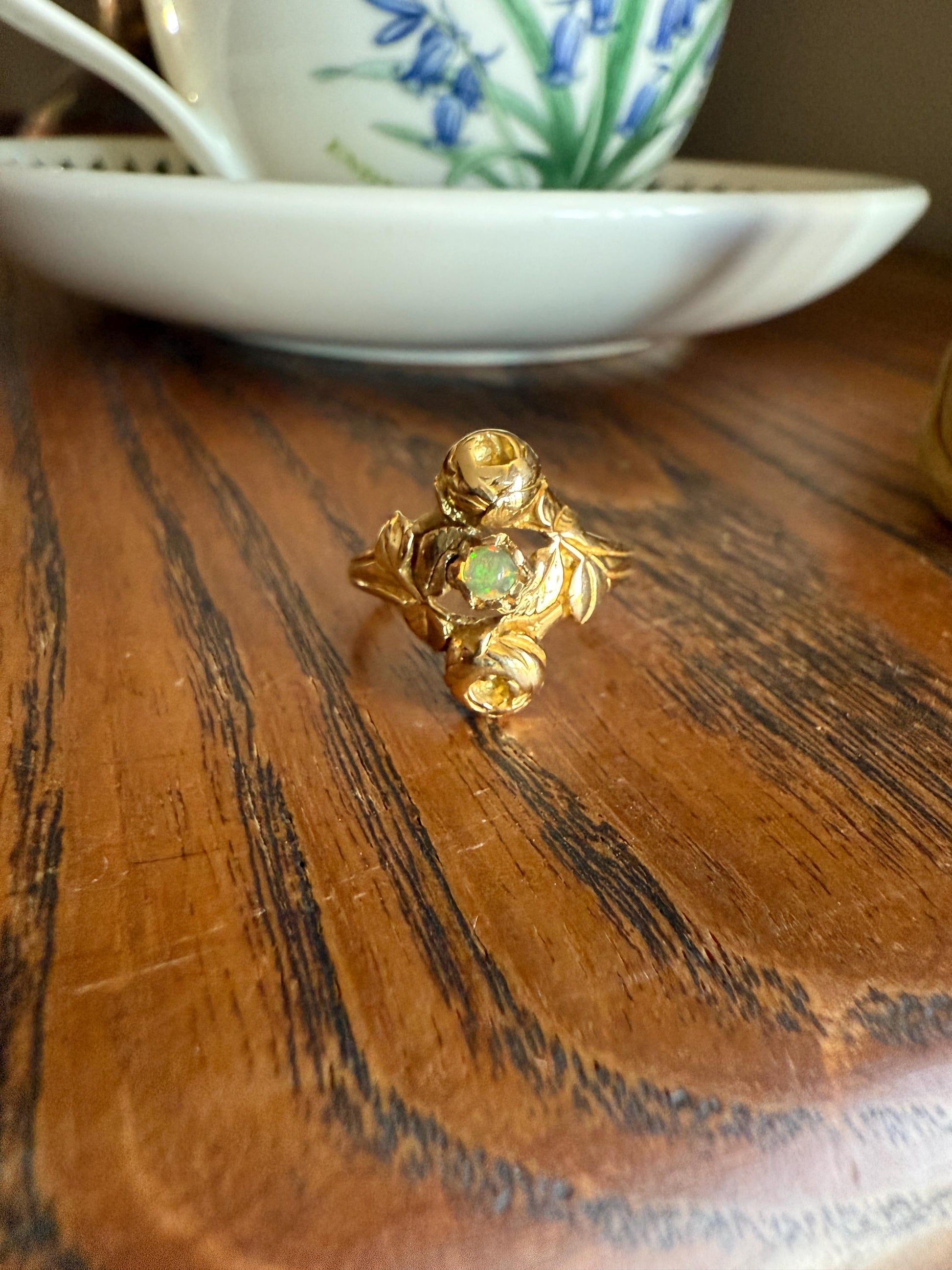 French Antique Figural ROSE Leaf Bud Opal 18k Gold Ring Floral Art Nouveau Belle Epoque Romantic Gift Flower Sweet Stacker
