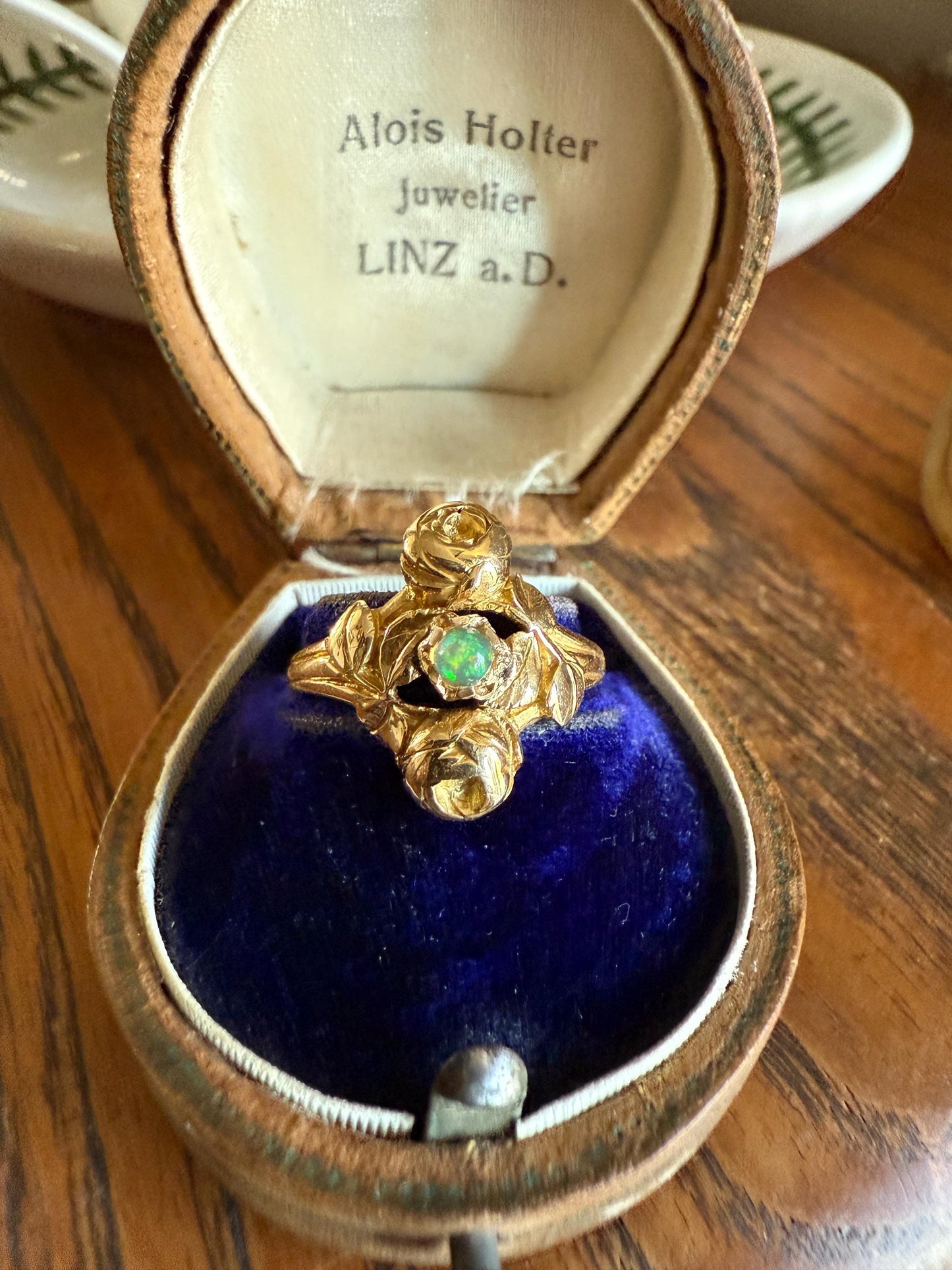 French Antique Figural ROSE Leaf Bud Opal 18k Gold Ring Floral Art Nouveau Belle Epoque Romantic Gift Flower Sweet Stacker