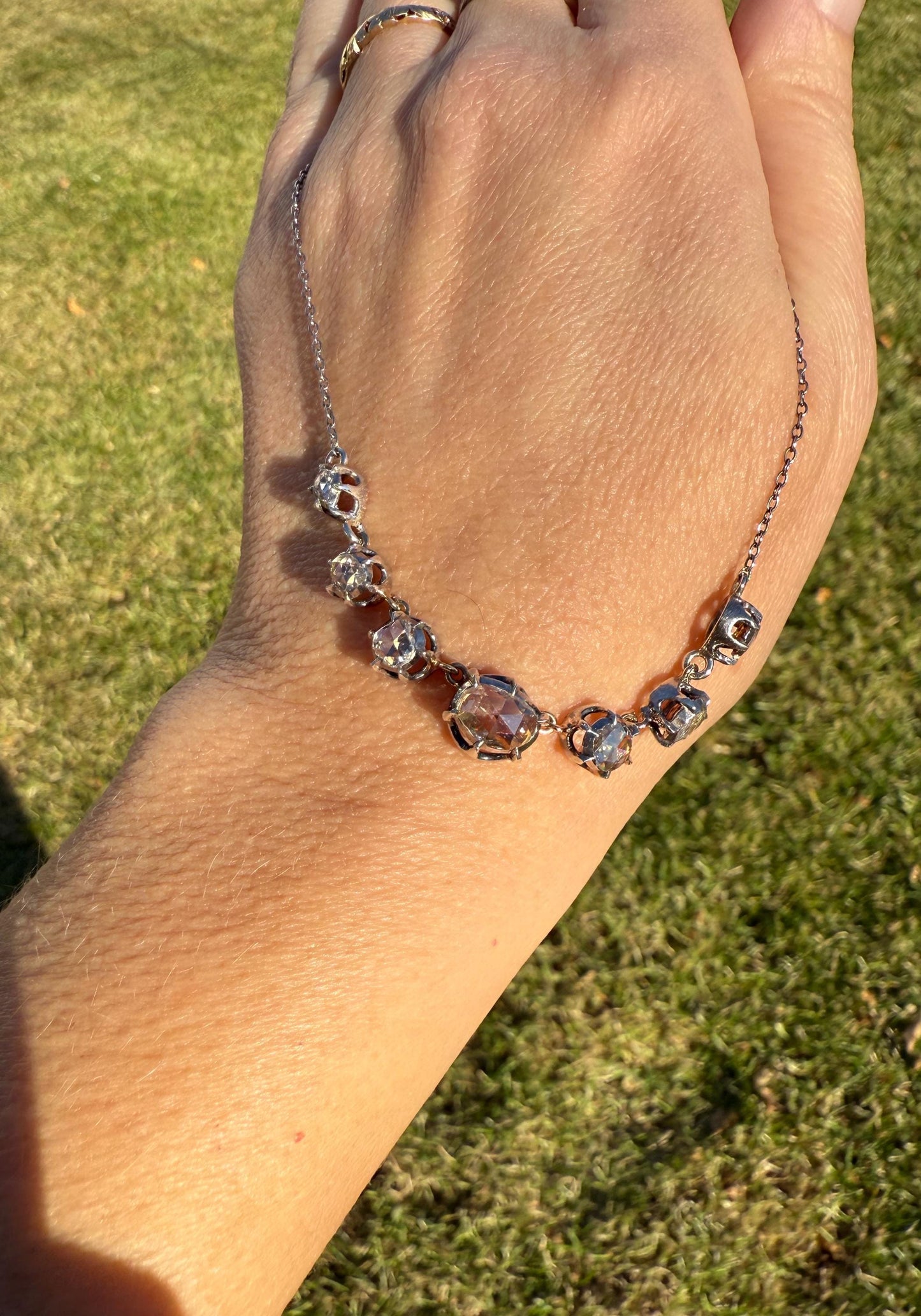 GEORGIAN French Antique 3 Carat Rose Cut DIAMOND Seven Stone Necklace Chain 18k Gold Silver Collet Open Back