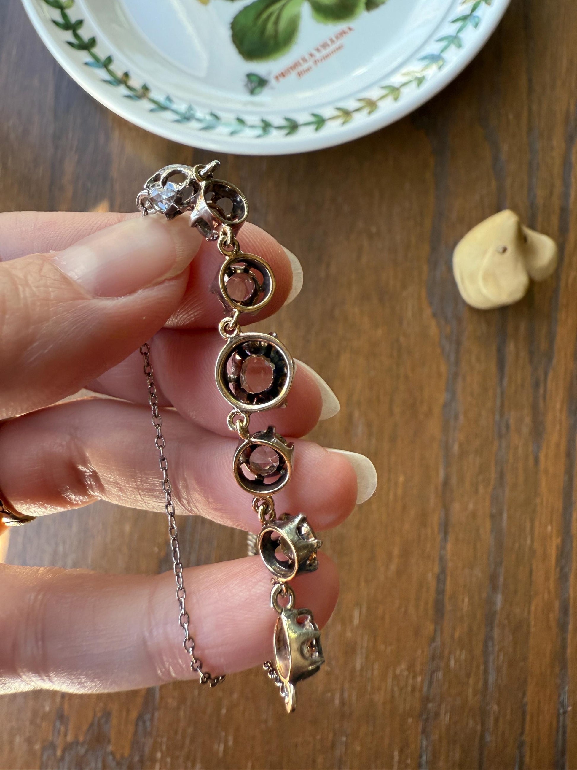 GEORGIAN French Antique 3 Carat Rose Cut DIAMOND Seven Stone Necklace Chain 18k Gold Silver Collet Open Back