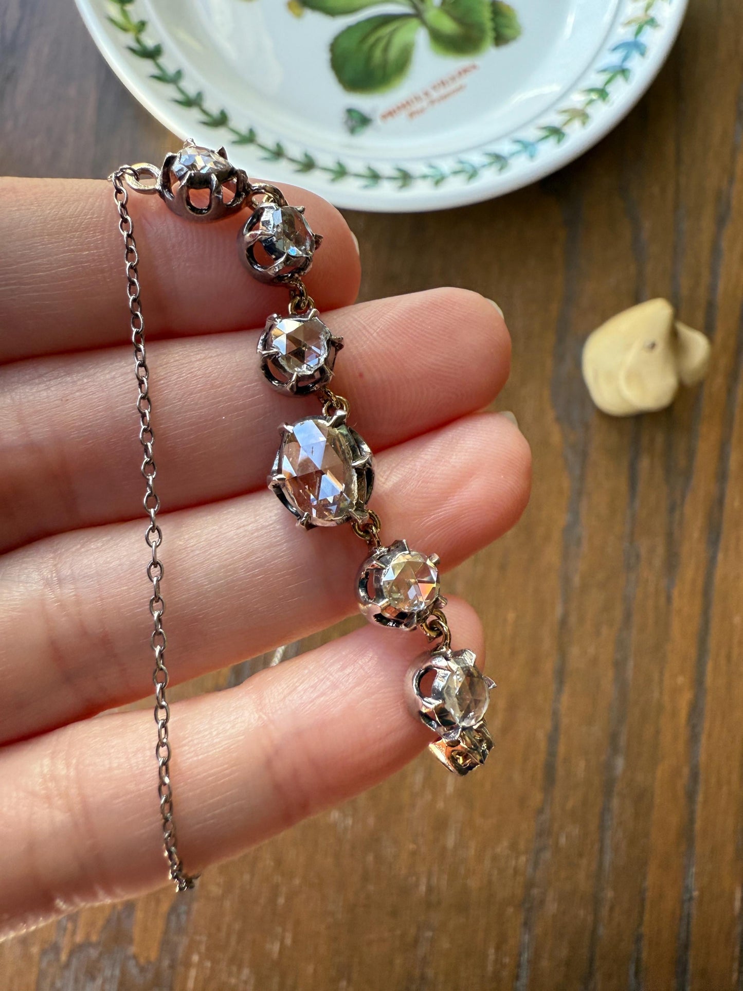 GEORGIAN French Antique 3 Carat Rose Cut DIAMOND Seven Stone Necklace Chain 18k Gold Silver Collet Open Back