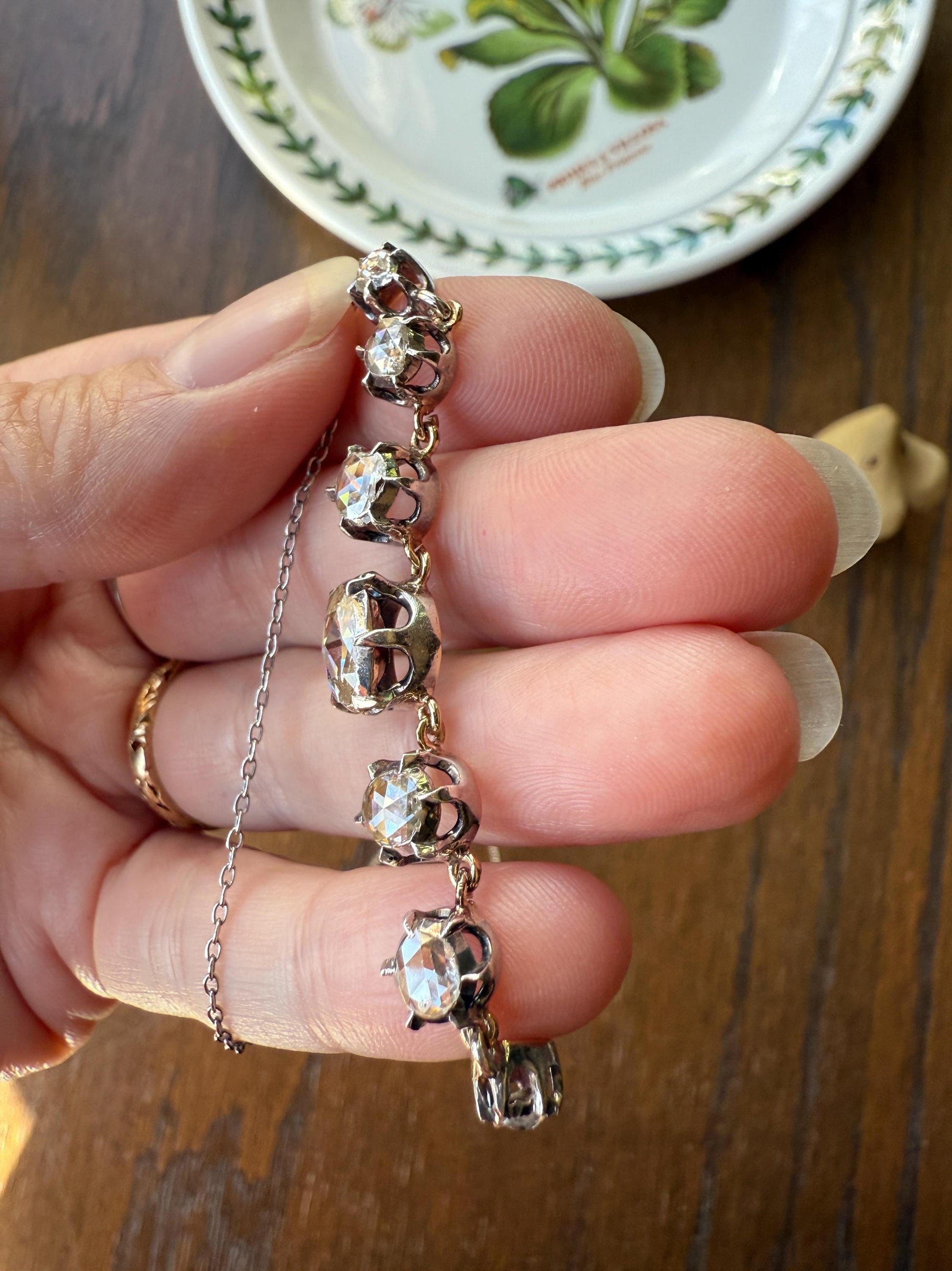 GEORGIAN French Antique 3 Carat Rose Cut DIAMOND Seven Stone Necklace Chain 18k Gold Silver Collet Open Back