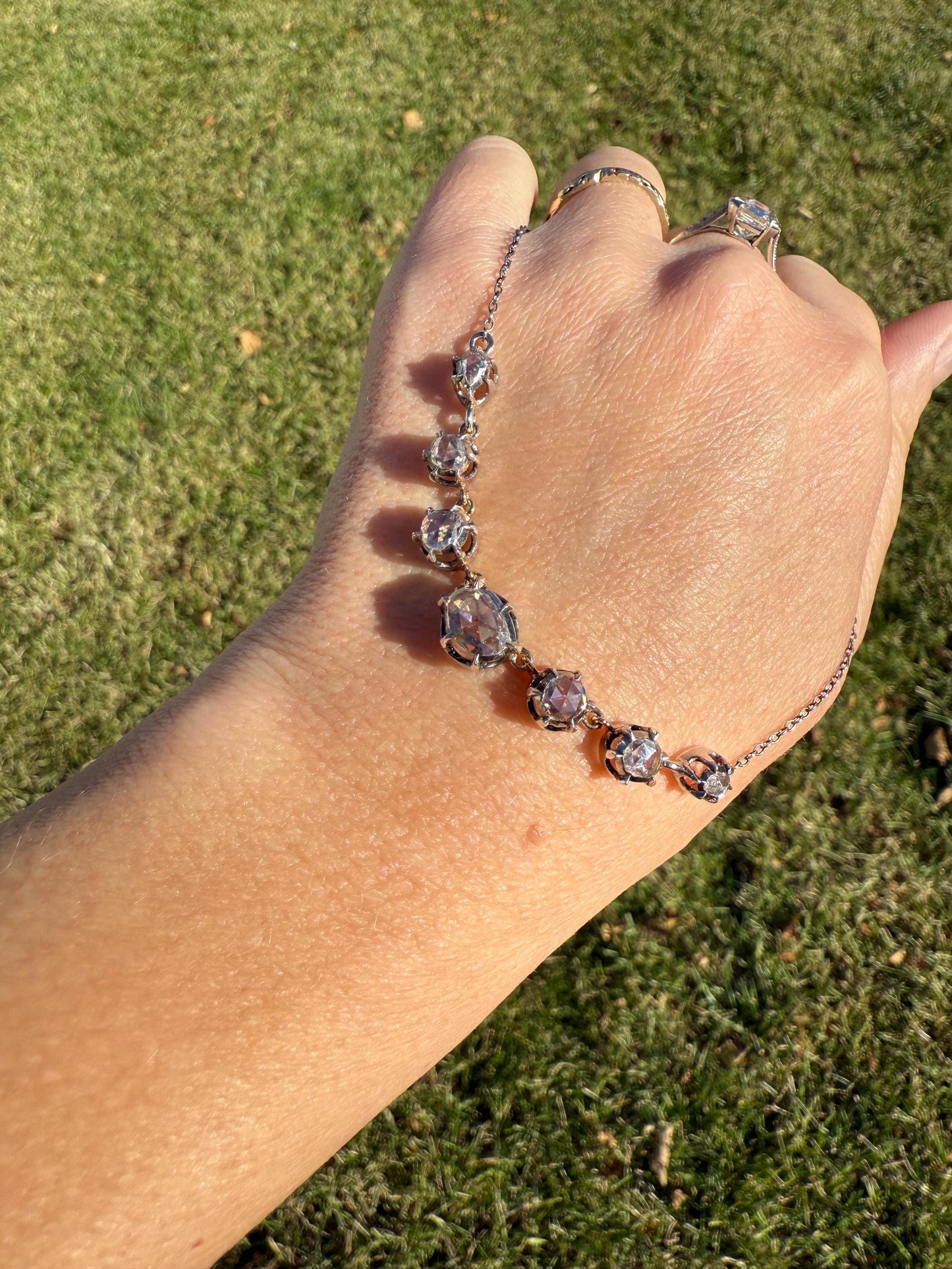 GEORGIAN French Antique 3 Carat Rose Cut DIAMOND Seven Stone Necklace Chain 18k Gold Silver Collet Open Back