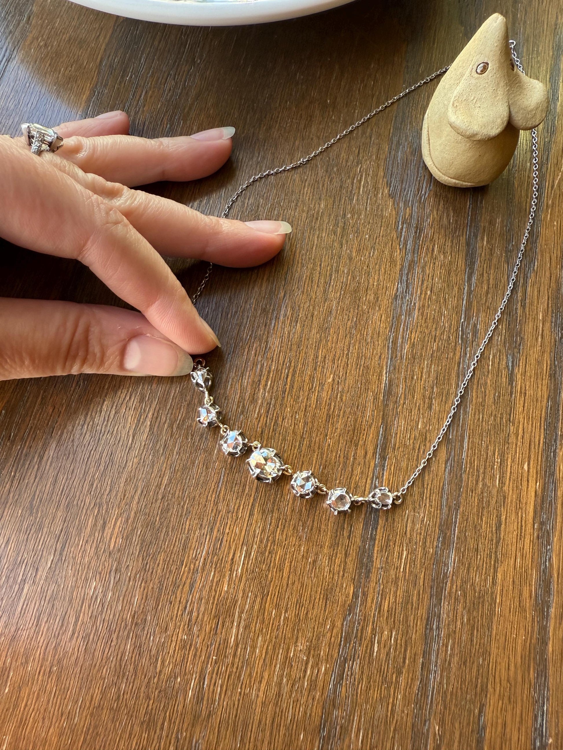 GEORGIAN French Antique 3 Carat Rose Cut DIAMOND Seven Stone Necklace Chain 18k Gold Silver Collet Open Back