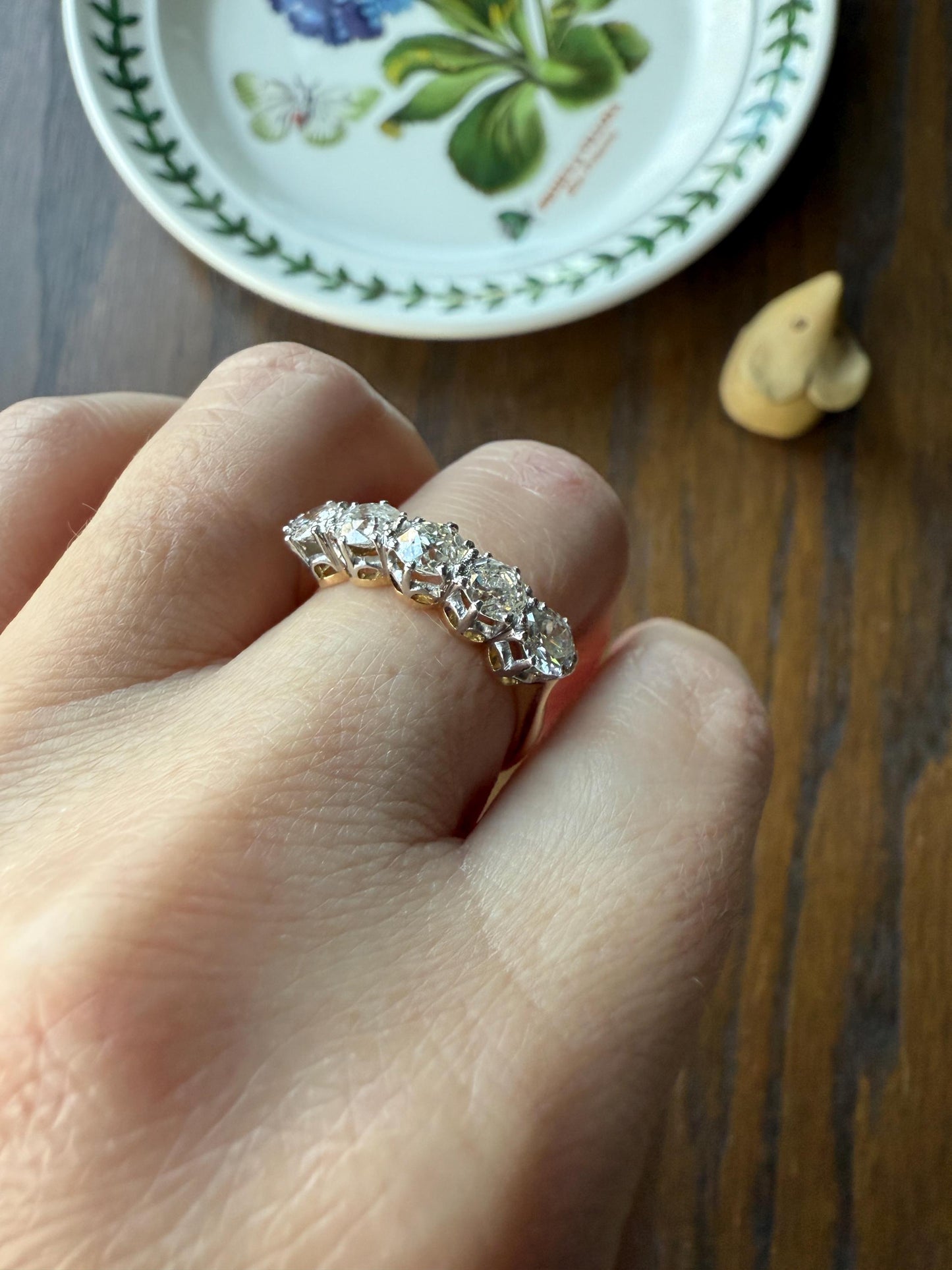 Antique 1.9 Carat DIAMOND Uniform Five Stone Band Stacker Ring 18k Gold Wedding Prong Set Stacker Half Hoop Linear Victorian Edwardian