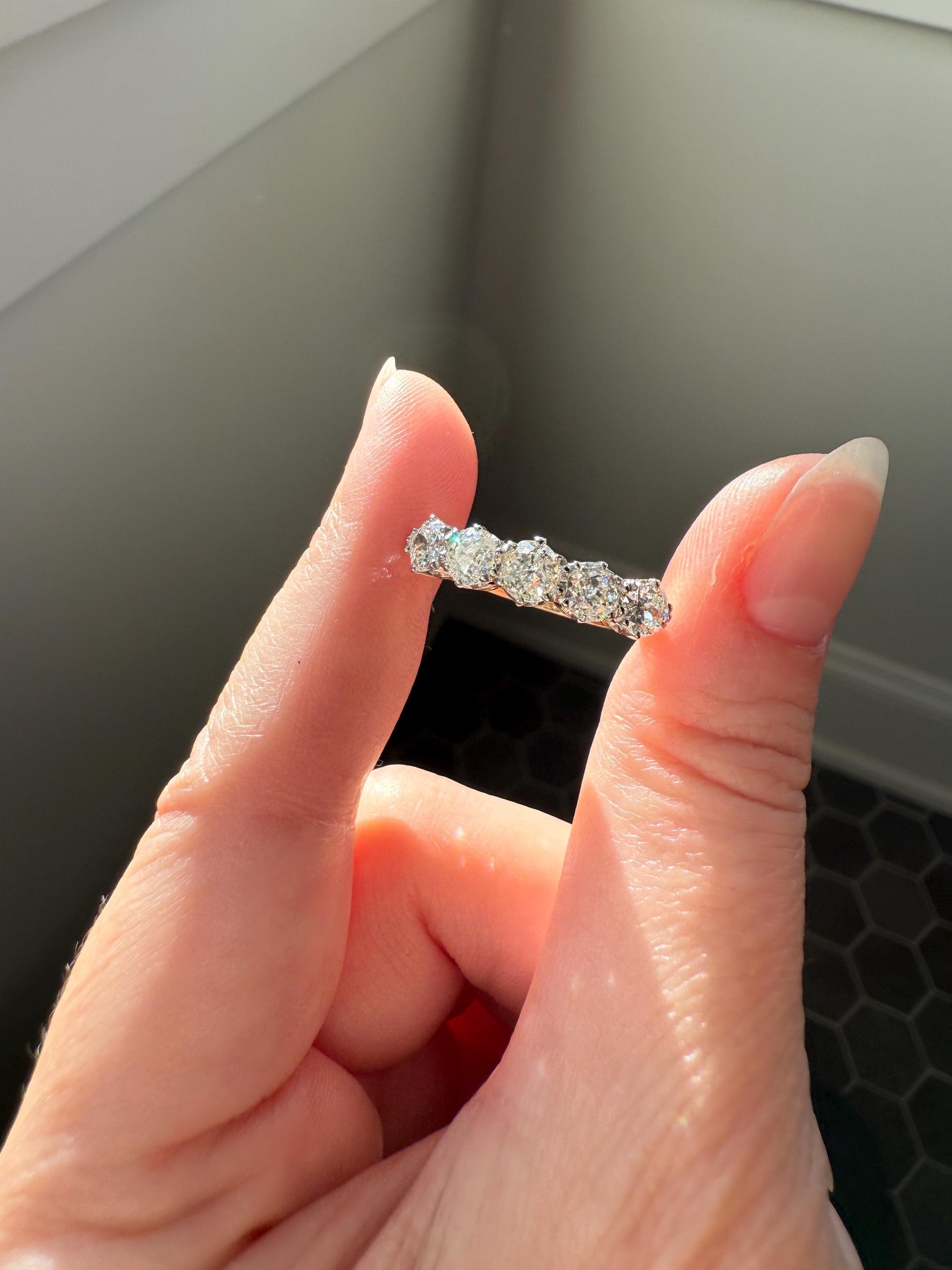 Antique 1.9 Carat DIAMOND Uniform Five Stone Band Stacker Ring 18k Gold Wedding Prong Set Stacker Half Hoop Linear Victorian Edwardian