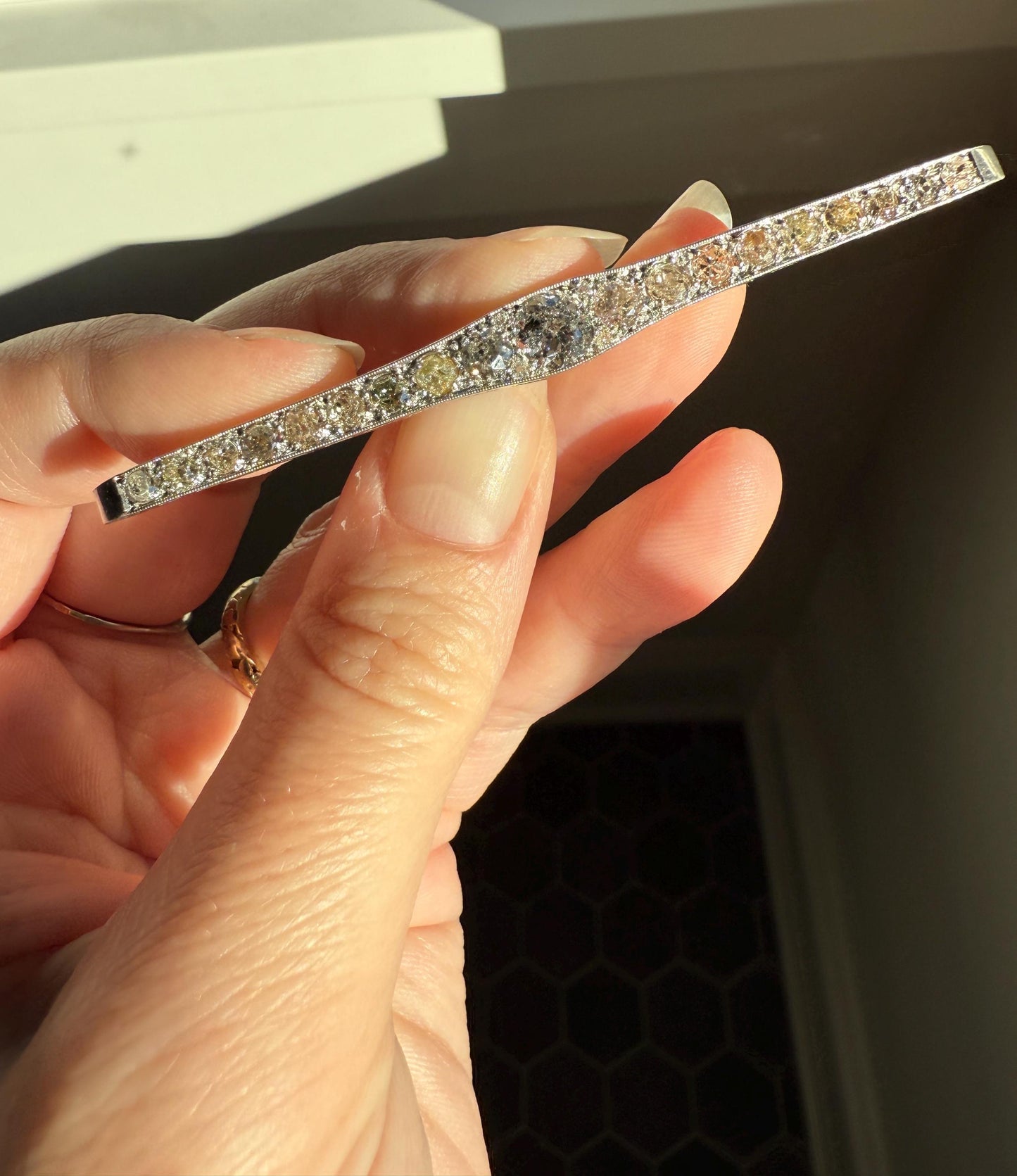 RAINBOW Rare Antique 3.5 Carats Old Mine Cut Natural DIAMOND Pink Yellow Green Bar Brooch 18k Gold Platinum Extender Connector Pendant Conv.