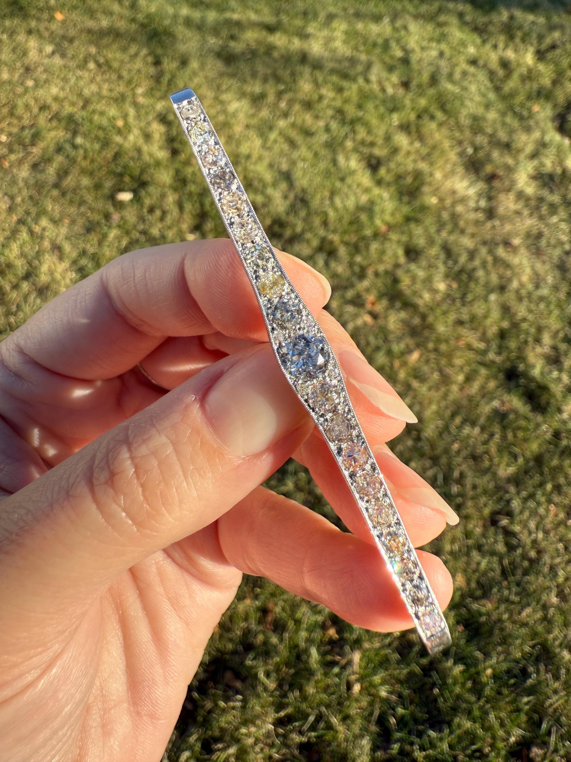 RAINBOW Rare Antique 3.5 Carats Old Mine Cut Natural DIAMOND Pink Yellow Green Bar Brooch 18k Gold Platinum Extender Connector Pendant Conv.