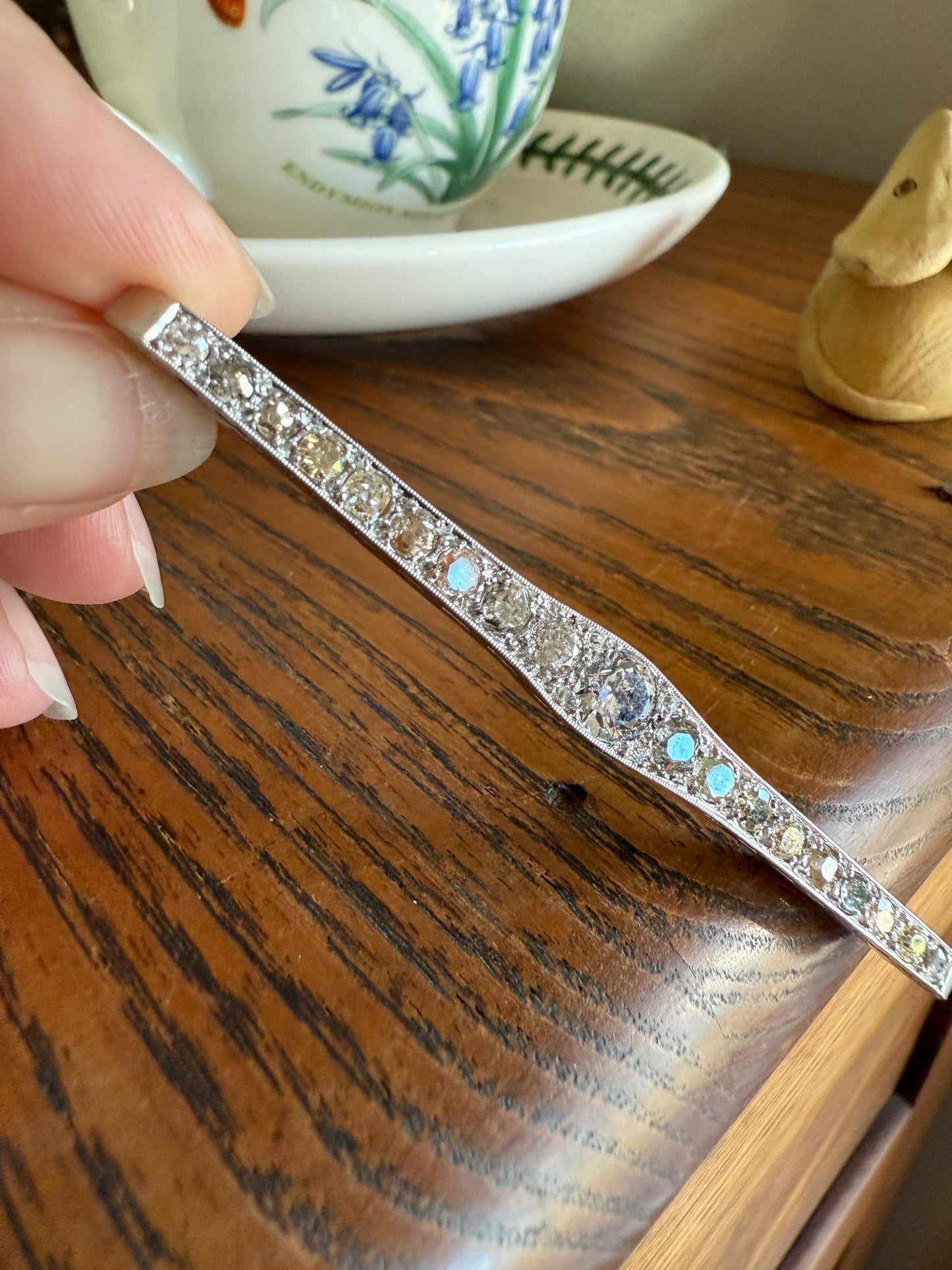 RAINBOW Rare Antique 3.5 Carats Old Mine Cut Natural DIAMOND Pink Yellow Green Bar Brooch 18k Gold Platinum Extender Connector Pendant Conv.