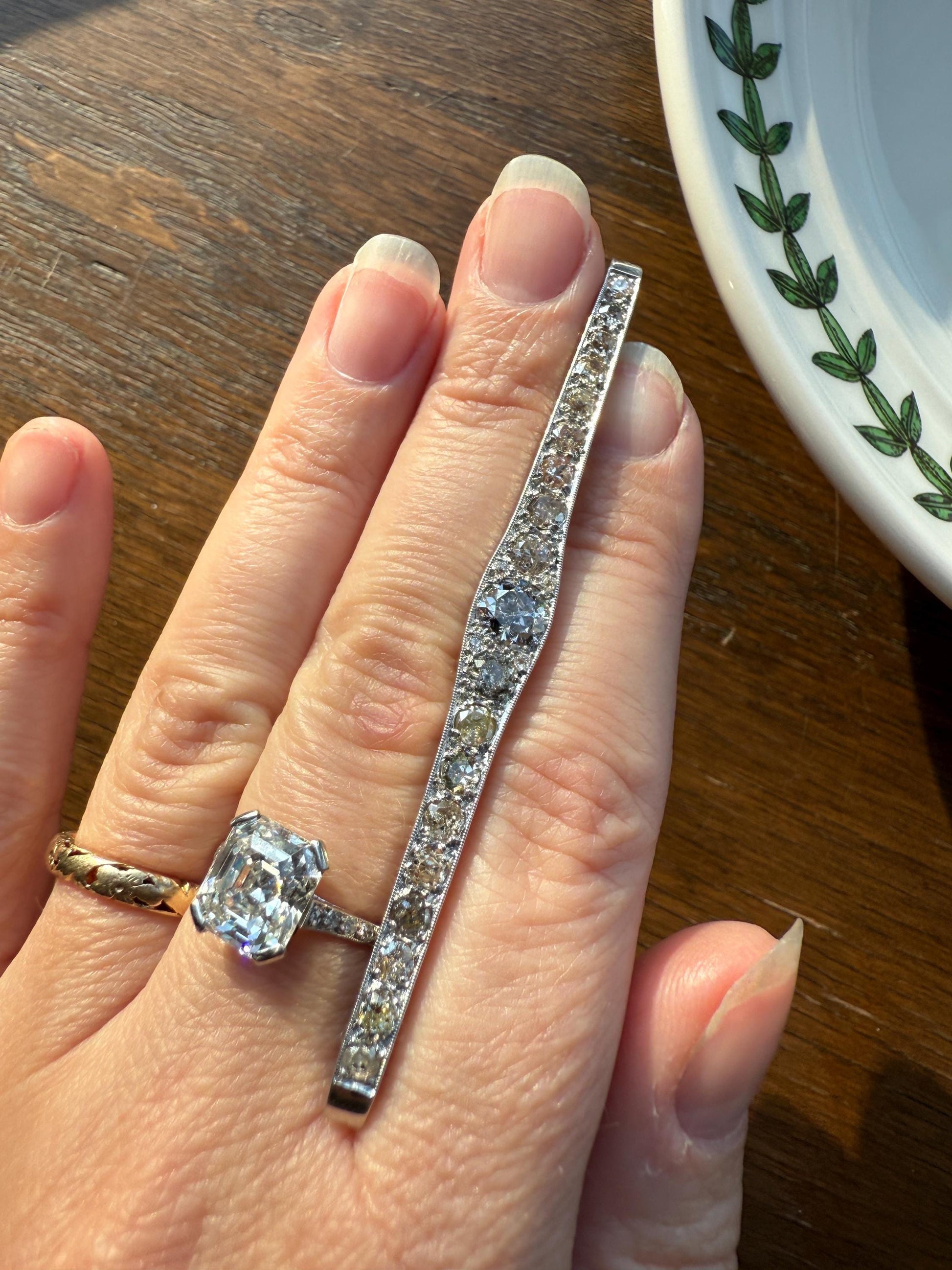 RAINBOW Rare Antique 3.5 Carats Old Mine Cut Natural DIAMOND Pink Yellow Green Bar Brooch 18k Gold Platinum Extender Connector Pendant Conv.