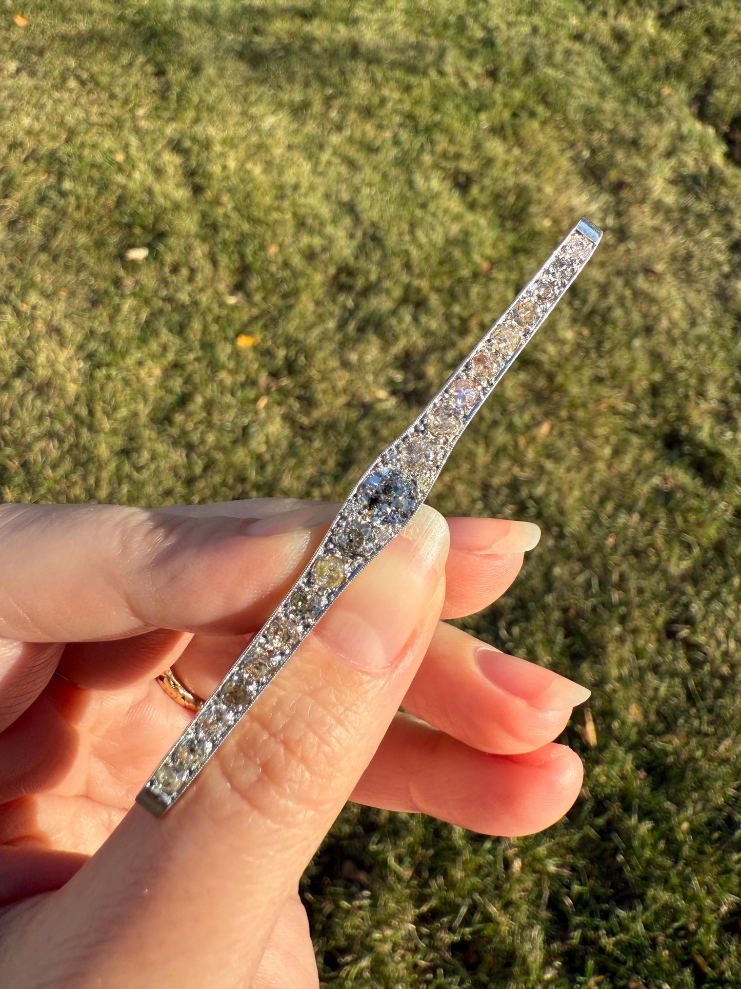 RAINBOW Rare Antique 3.5 Carats Old Mine Cut Natural DIAMOND Pink Yellow Green Bar Brooch 18k Gold Platinum Extender Connector Pendant Conv.