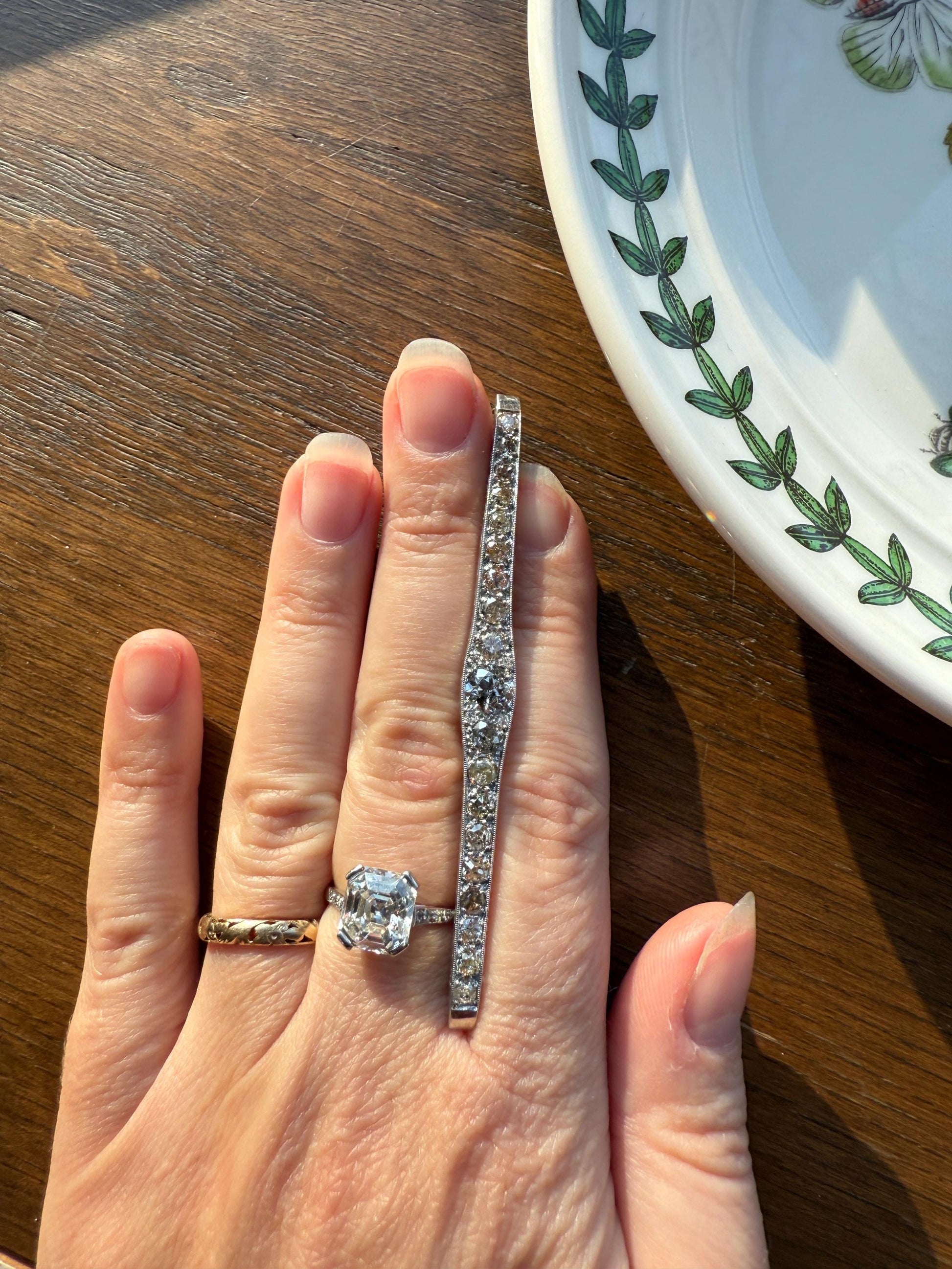 RAINBOW Rare Antique 3.5 Carats Old Mine Cut Natural DIAMOND Pink Yellow Green Bar Brooch 18k Gold Platinum Extender Connector Pendant Conv.