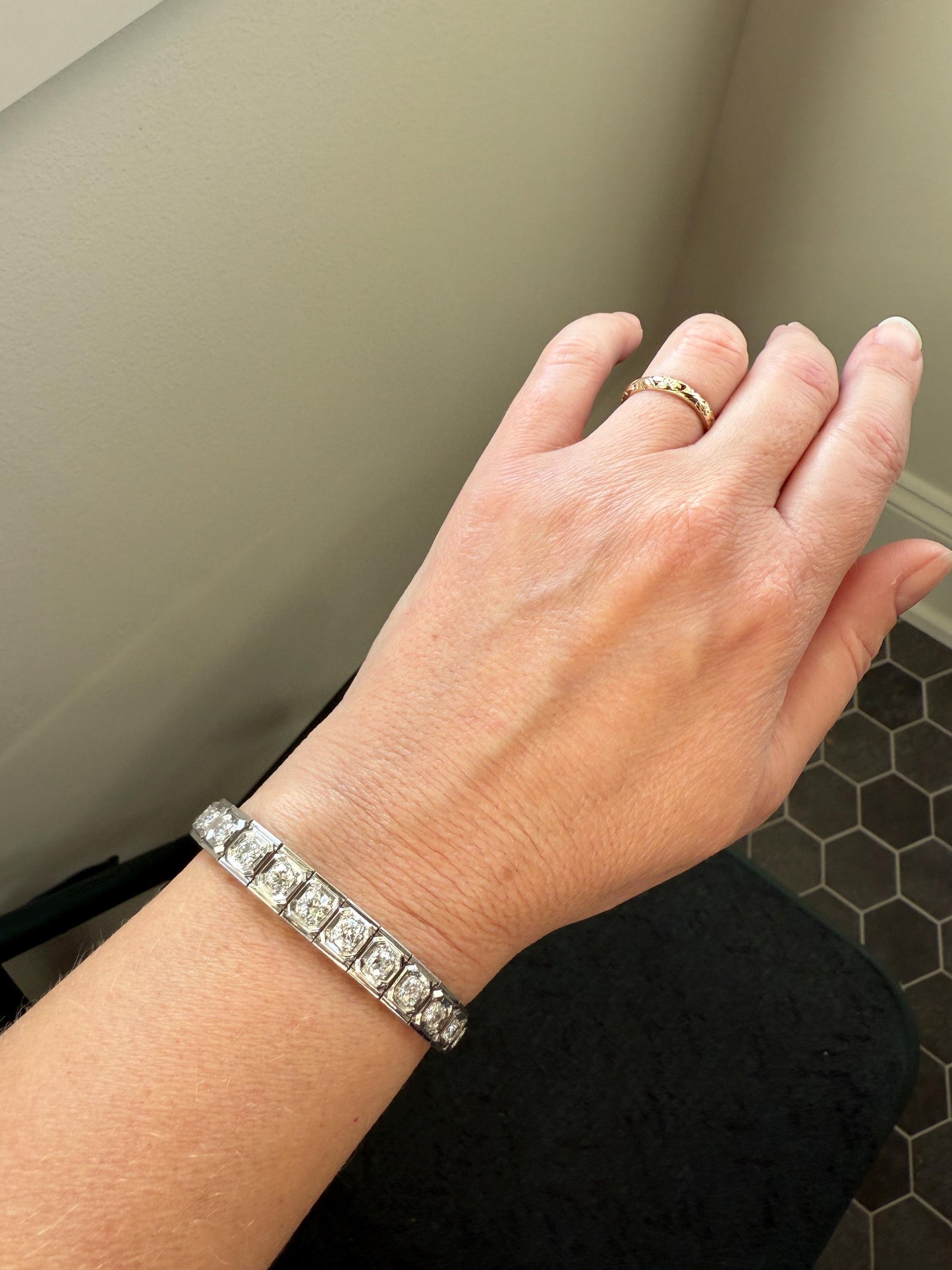 Art Deco 4.9 Carat 33 Old Mine & Transitional Cut Octagon DIAMOND Tennis Bracelet Platinum 18k White Gold Vintage Bezel Set Wriststack 5Ct