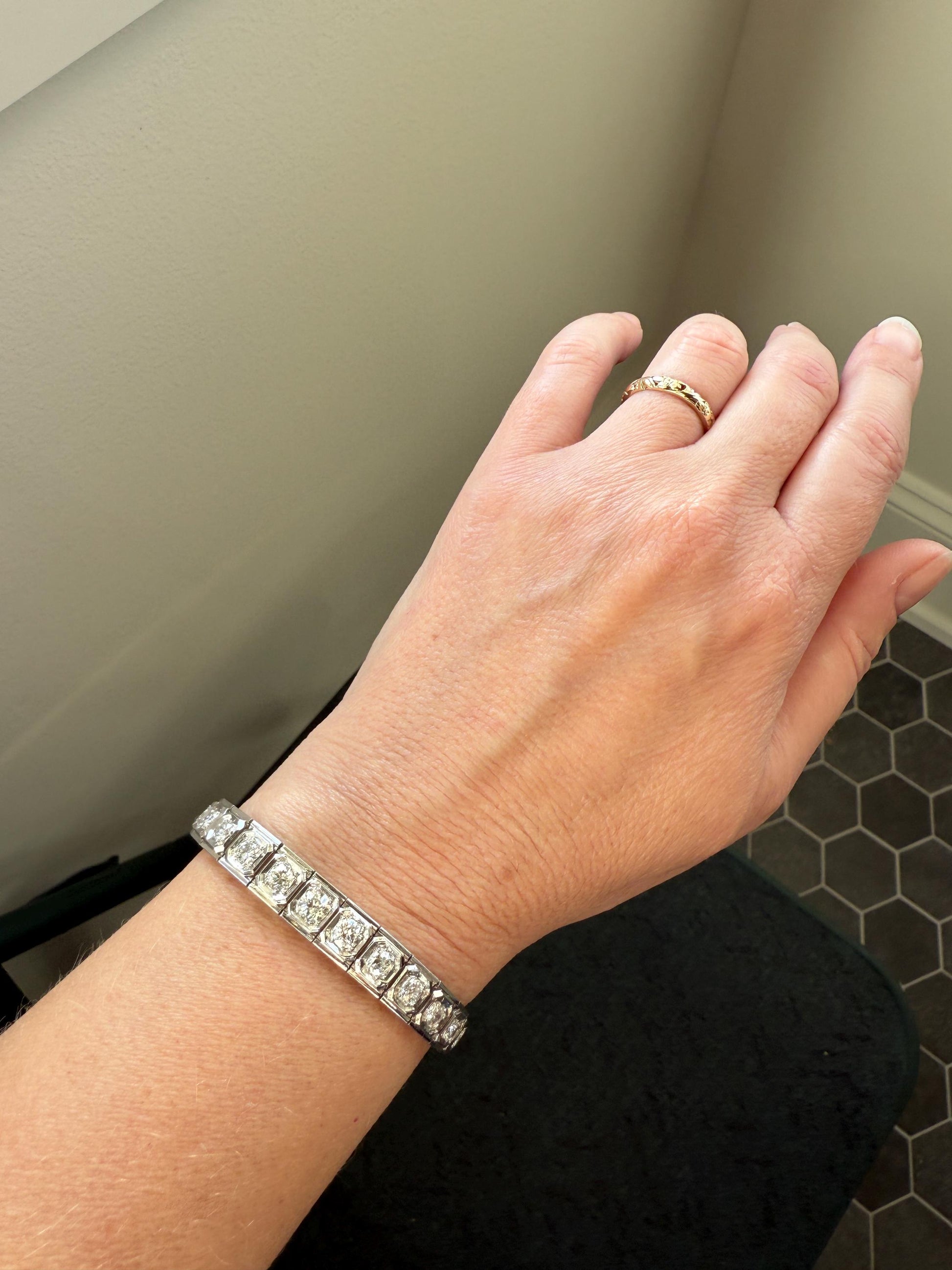 Art Deco 4.9 Carat 33 Old Mine & Transitional Cut Octagon DIAMOND Tennis Bracelet Platinum 18k White Gold Vintage Bezel Set Wriststack 5Ct