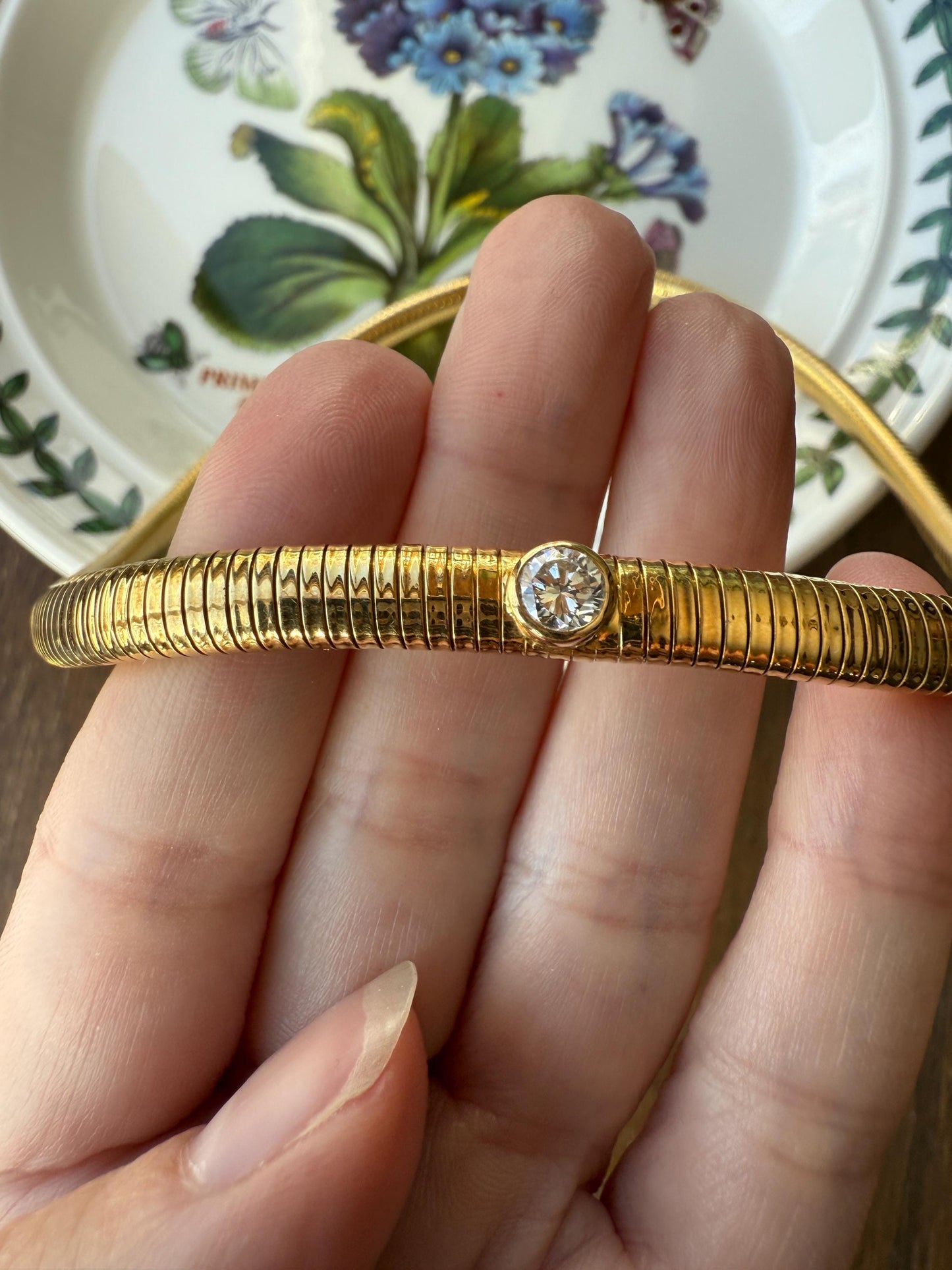 HEAVY Vintage Tubogas Chain 43g 18k GOLD Solid Bezel Set Brilliant Cut DIAMOND French Retro Necklace Springy Chunky 3D Choker